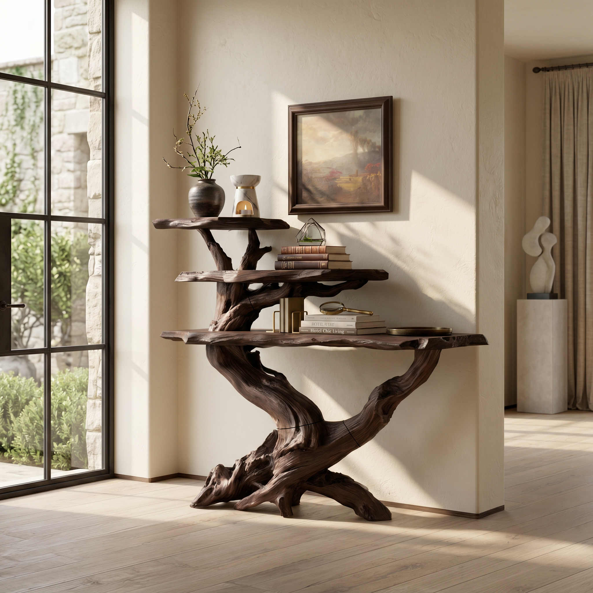 Cabin Black Driftwood Console Shelf For Stone Fireplace Room SILDTTRCS063