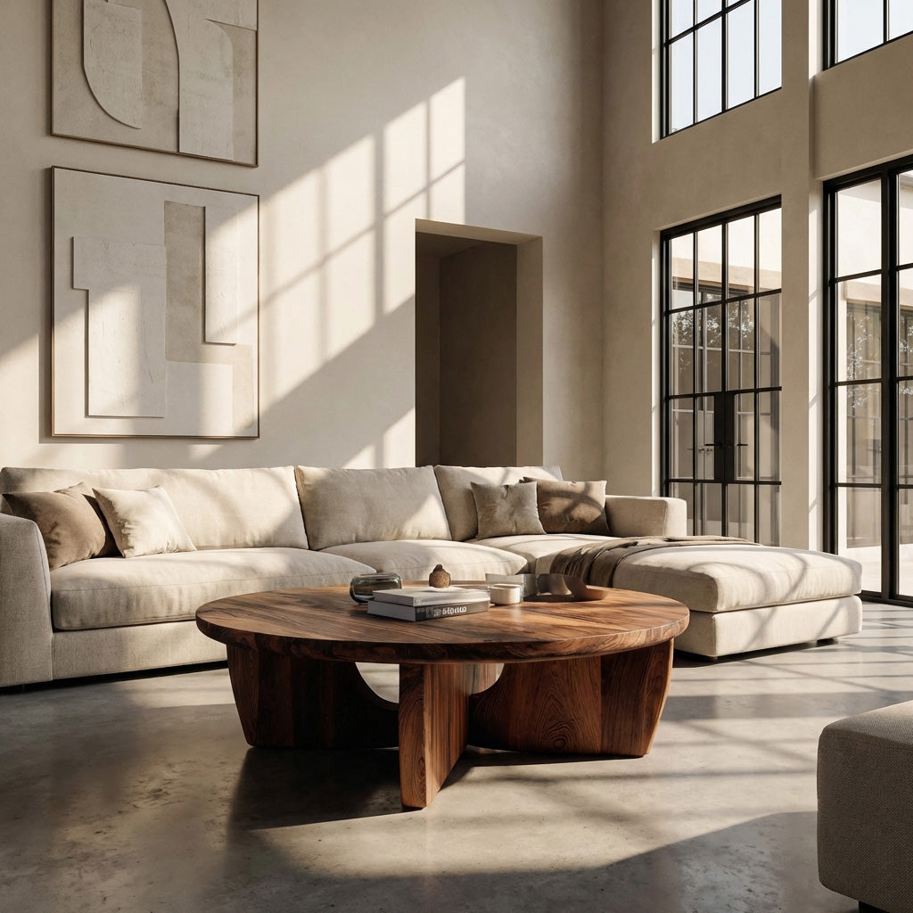 Round Wooden Coffee Table Unique Base Design For Home RTTHHNCF067