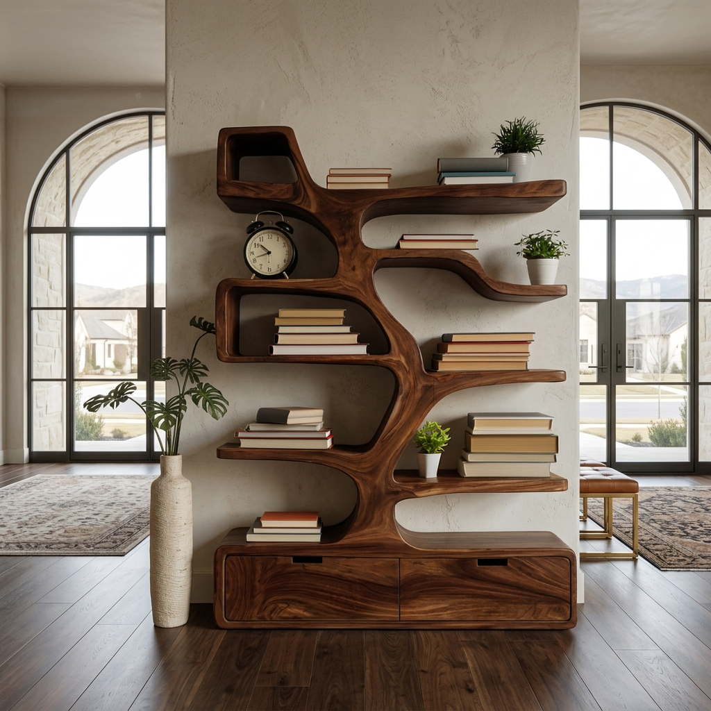 Contemporary Wooden Bookshelf Sculpted Design For Living Space RTTHTTBS125