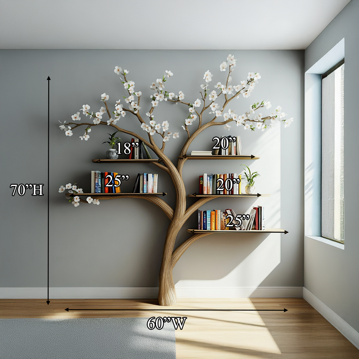 Rustic Tree Bookshelf Living Room Flower Wall Display SINLSATB460
