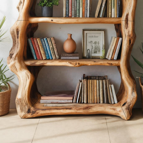 Rustic Sculptural Wooden Bookshelf With Carved Frame For Living Room Or Library SITHTTBS028