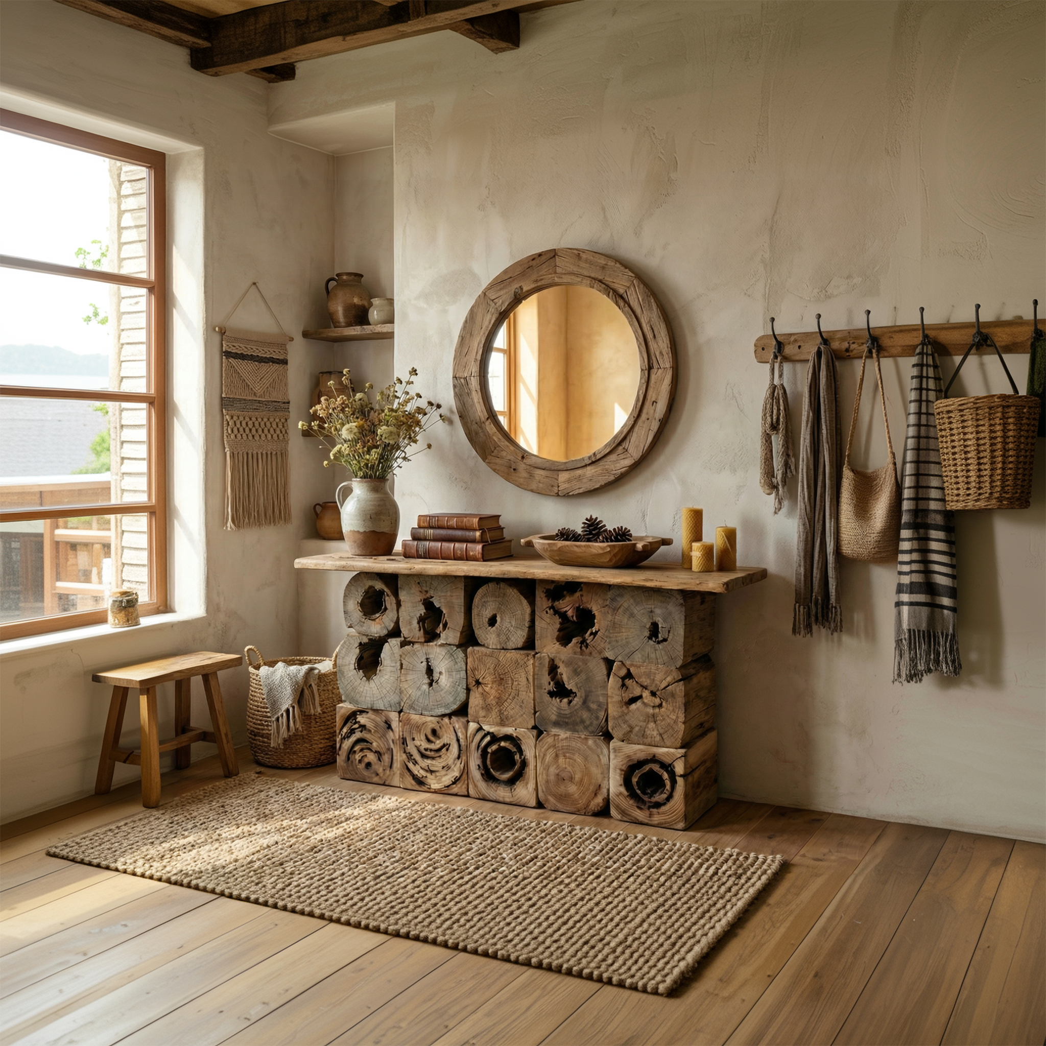 Rustic Natural Wood Log Console Table Solid Wood Entryway Living Room SINLCS520