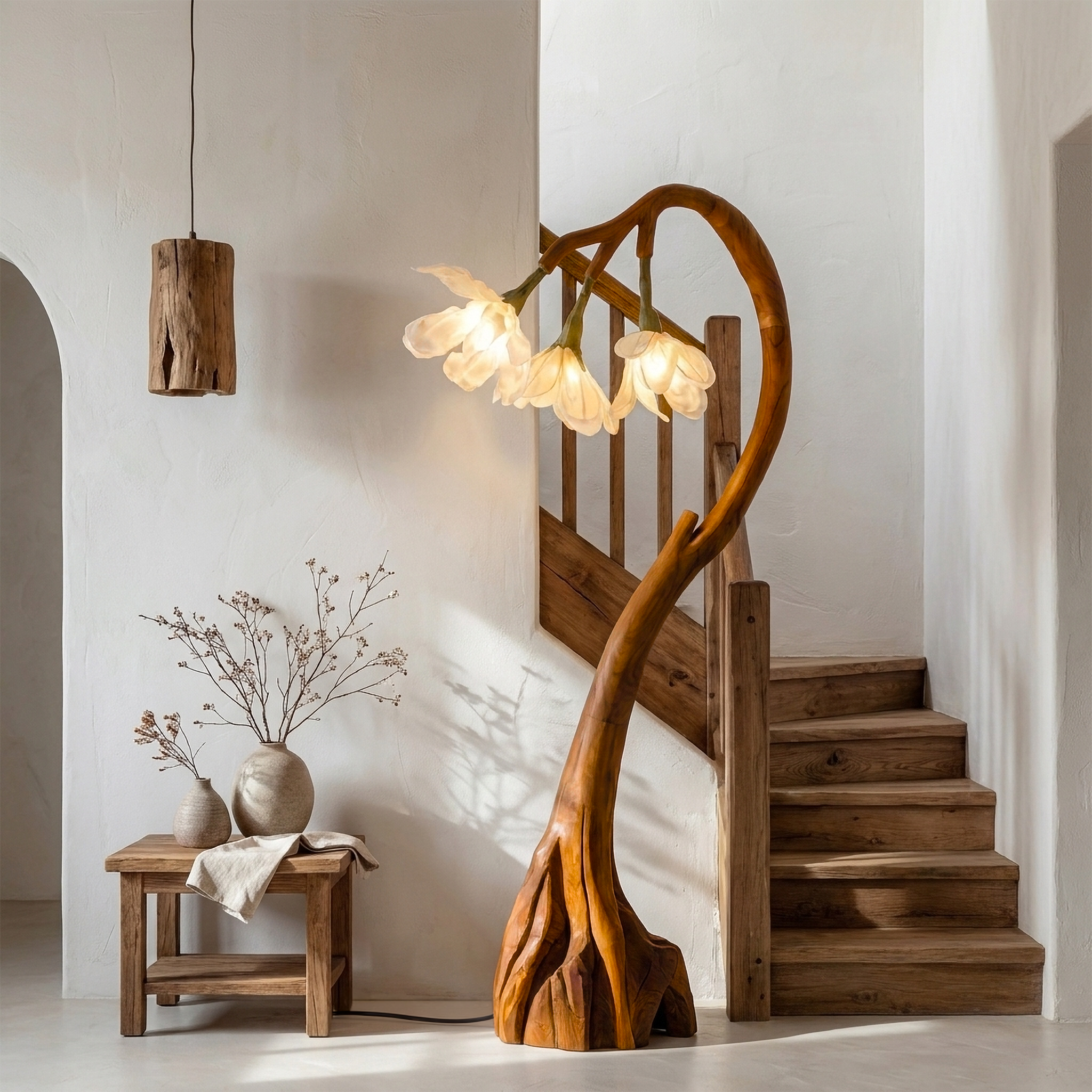 Floral Floor Lamp With Organic Wood Base For Living Room And Bedroom SINLSAFLP071