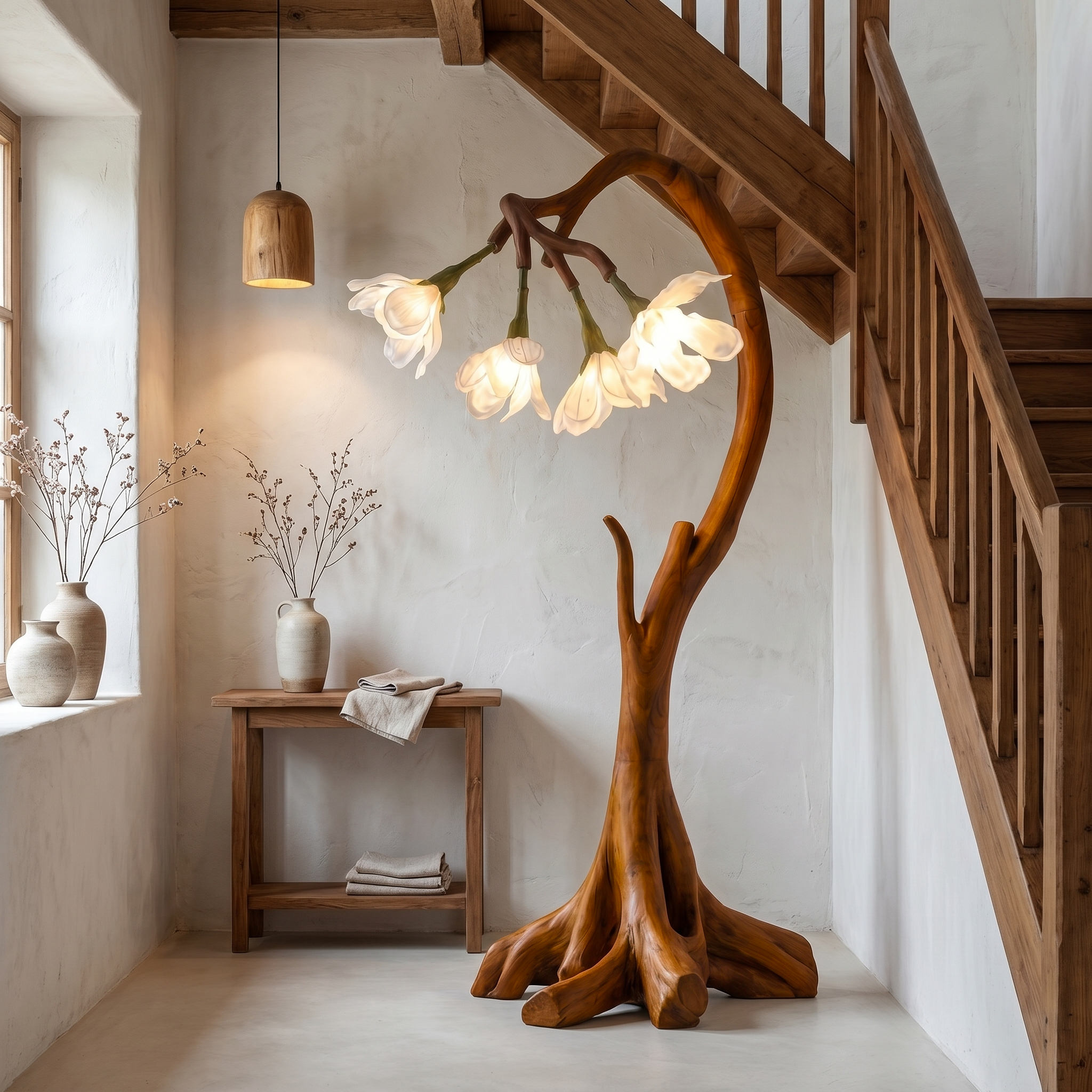 Bloom Floor Lamp With Sculptural Wooden Stand For Living Room And Bedroom SINLSAFLP072