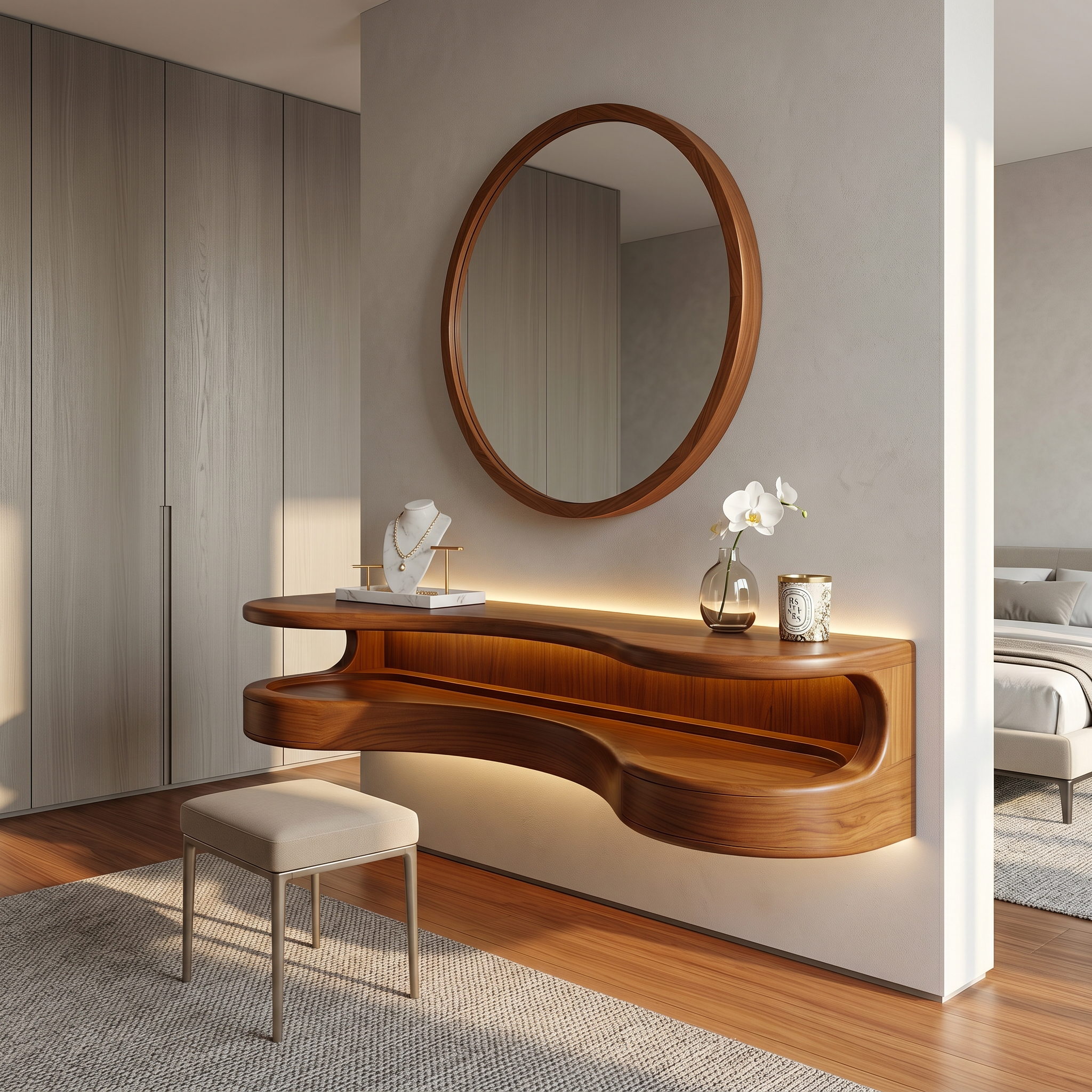 Organic Floating Vanity Desk With Rounded Wood Shelf For Bedroom SINLSABDT071