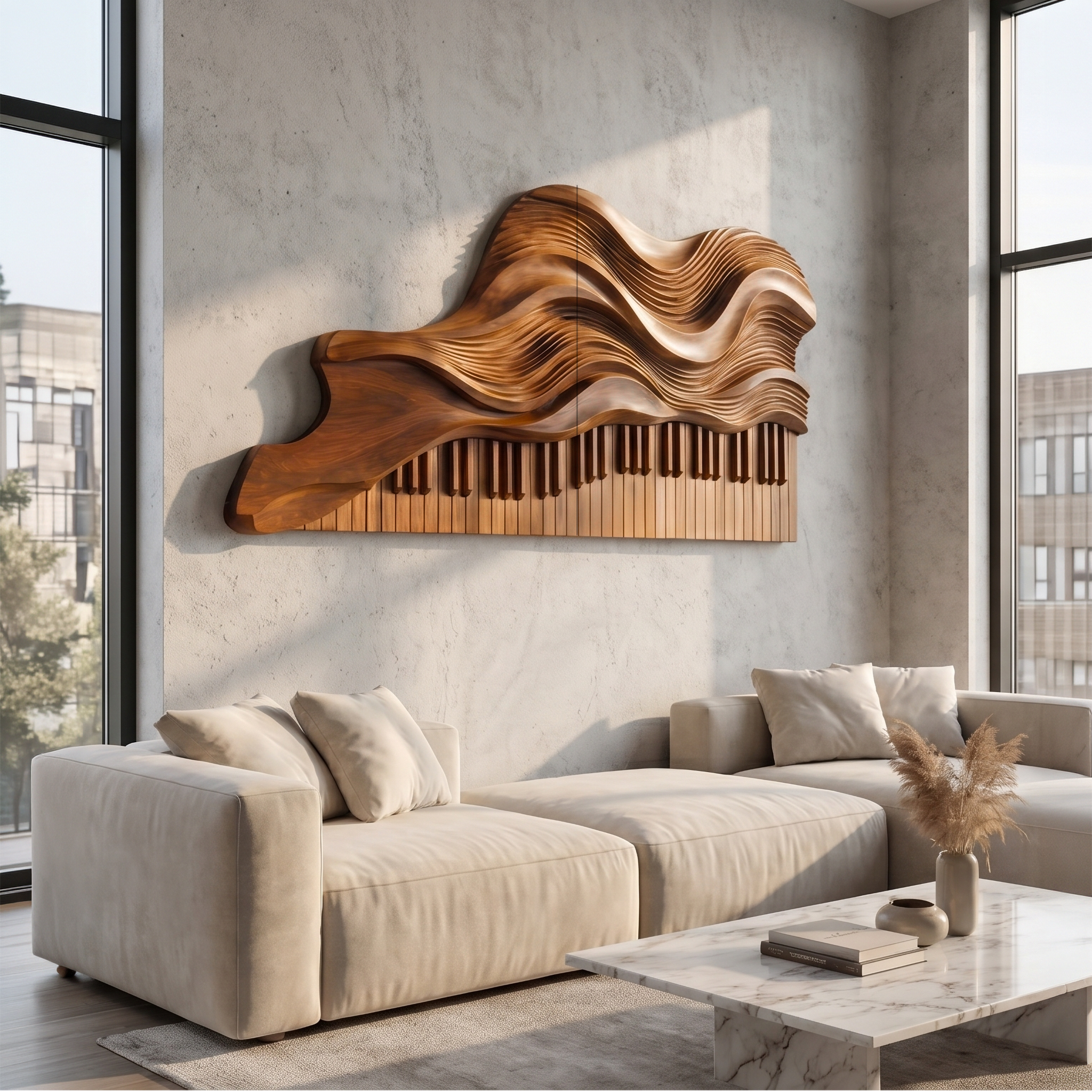Abstract Piano Wave Wooden Wall Sculpture For Living Room SINLSAWD084