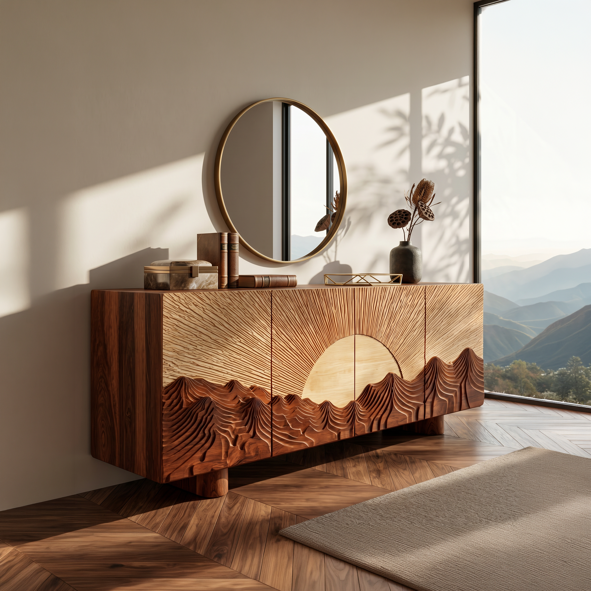 Rustic Mountain Sunrise Sideboard With Carved Wood Doors For Living Room SINLSASC515