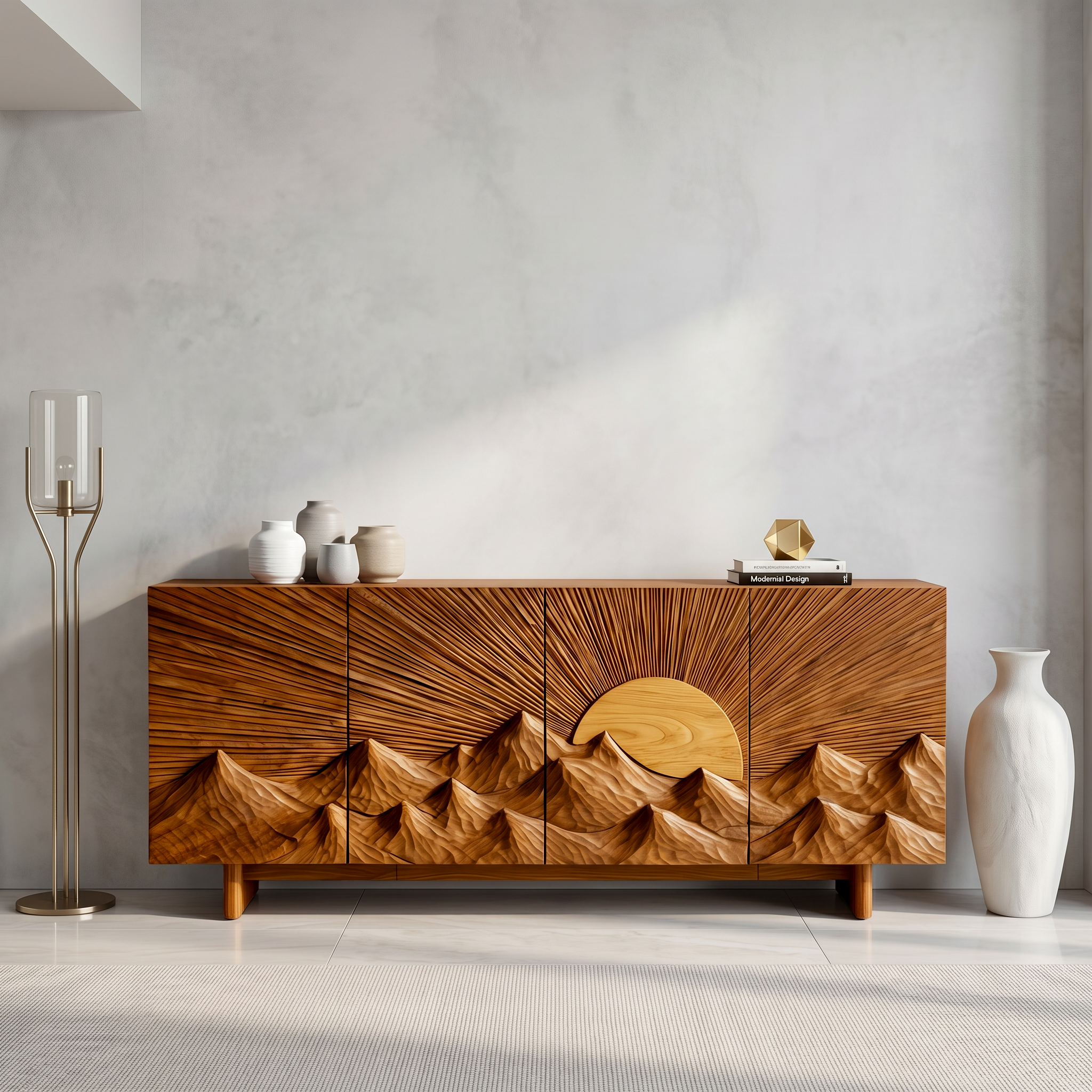 Contemporary Landscape Sideboard With Sculptural Carved Wood Doors For Living Room SINLSASC517