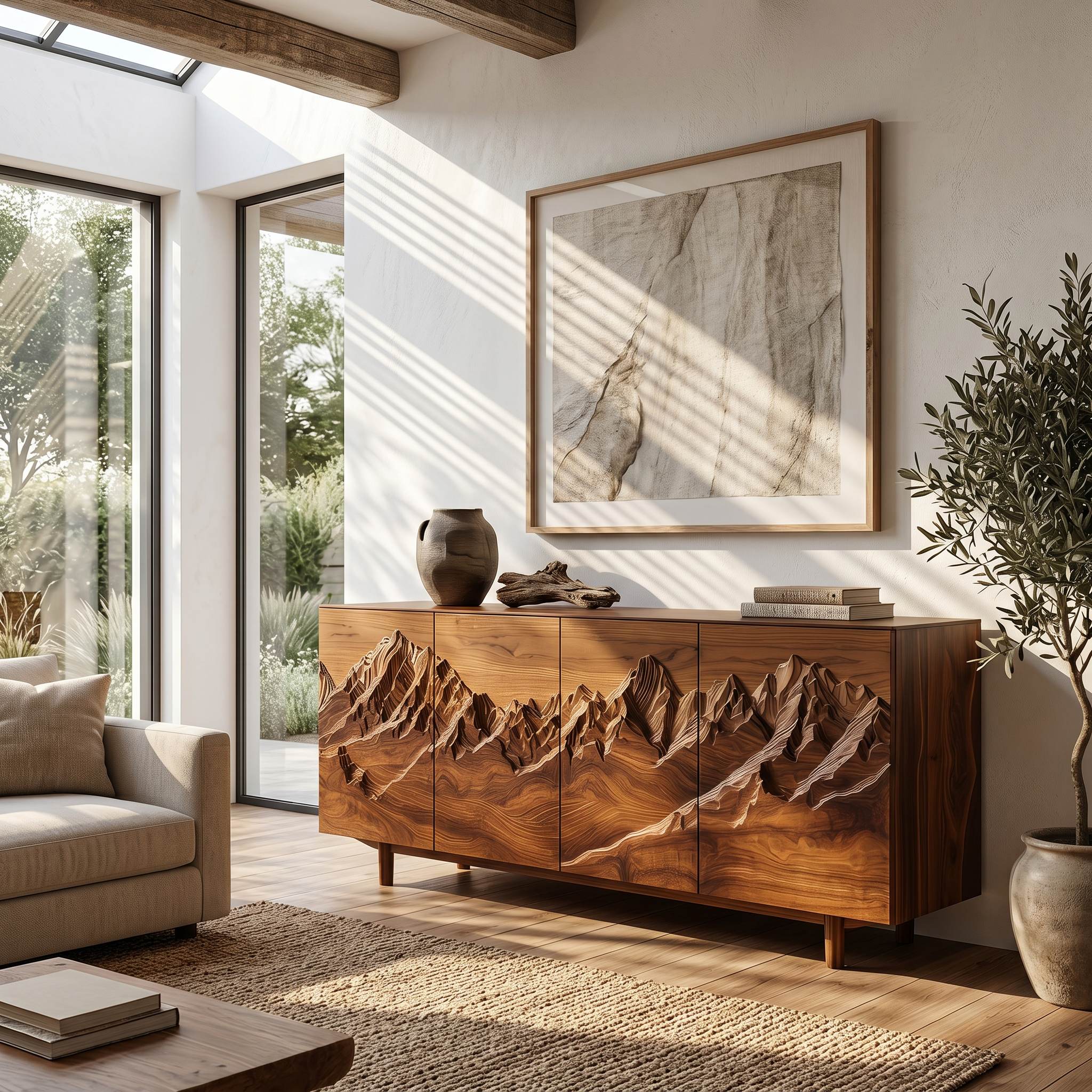 Rustic Mountain Landscape Sideboard With Carved Wood Doors For Living Room And Entryway SINLSASC518