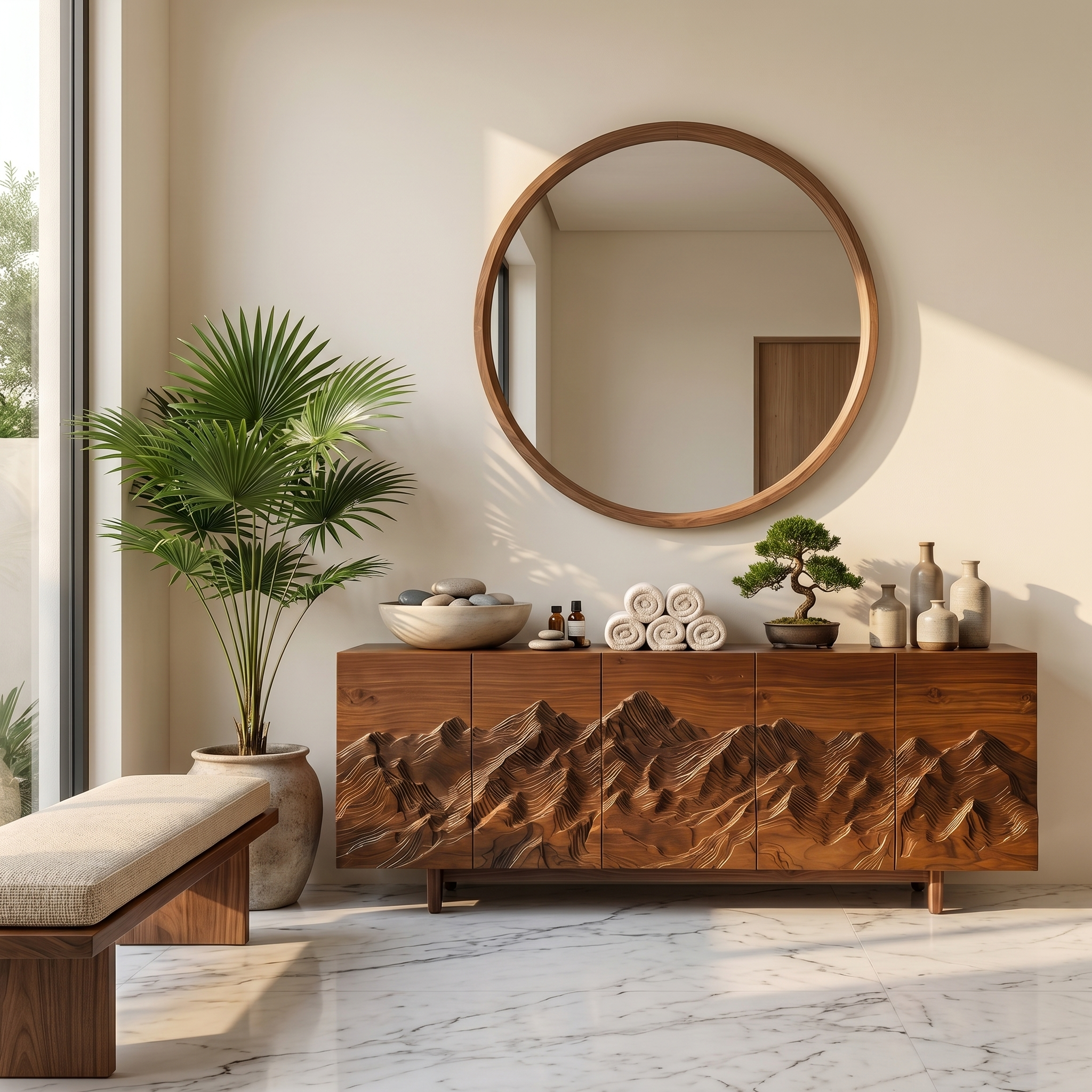 Rustic Mountain Sunrise Sideboard With Hand Carved Wood Doors For Living Room And Entryway SINLSASC519