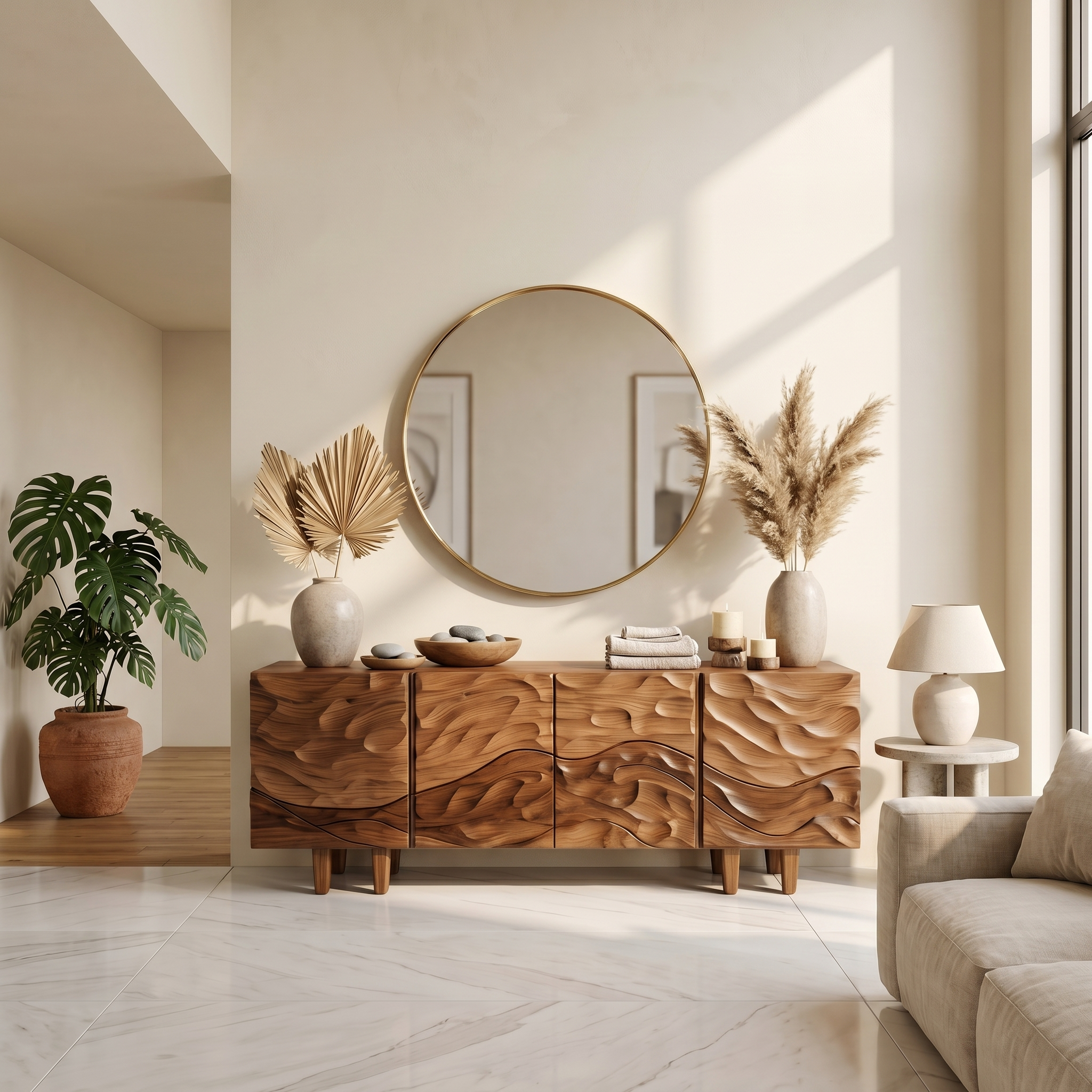 Sculptural Sideboard With Flowing Wood Grain Doors For Living Room SINLSASC520