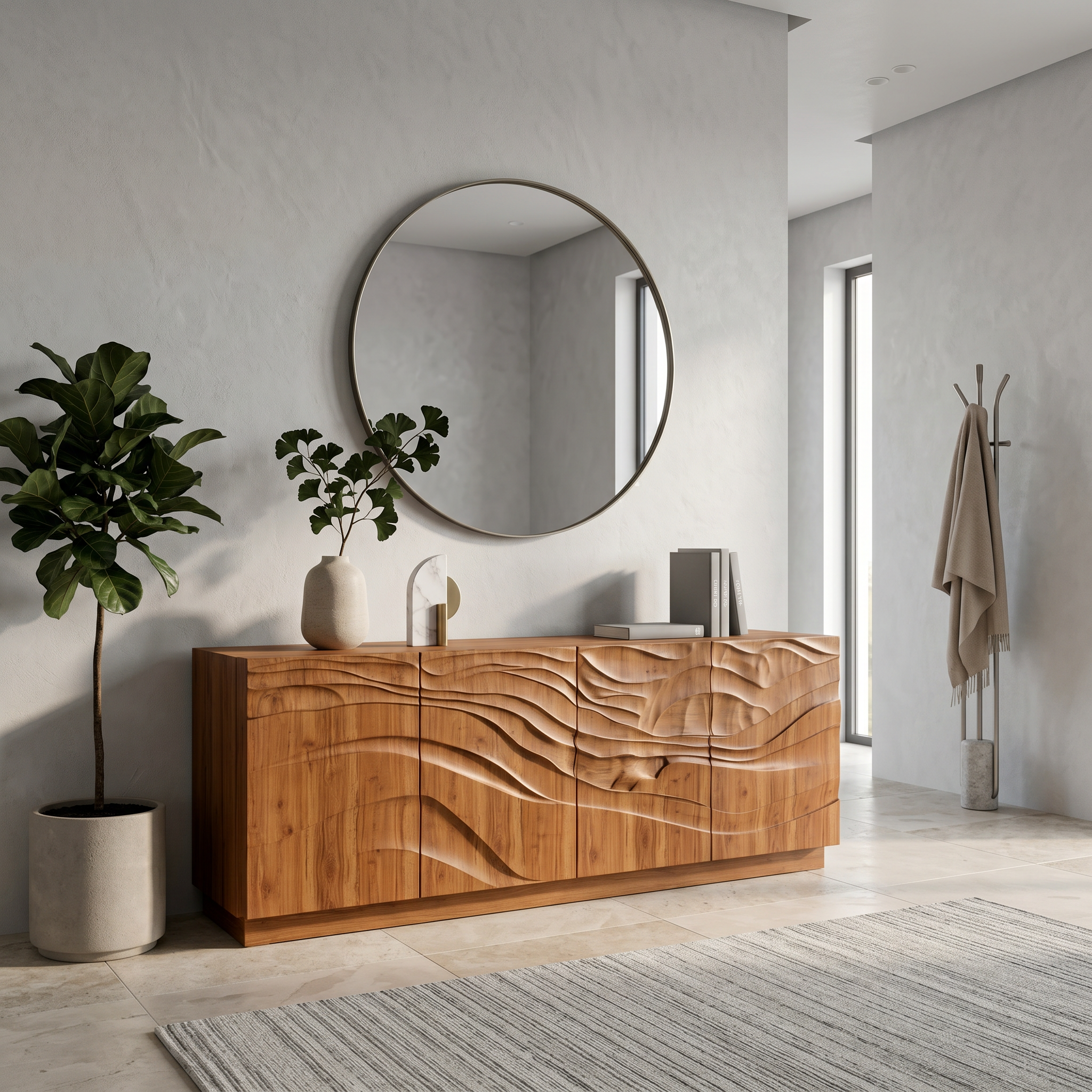 Organic Sideboard With Sculptural Wave Carved Wood Front For Living Room SINLSASC522