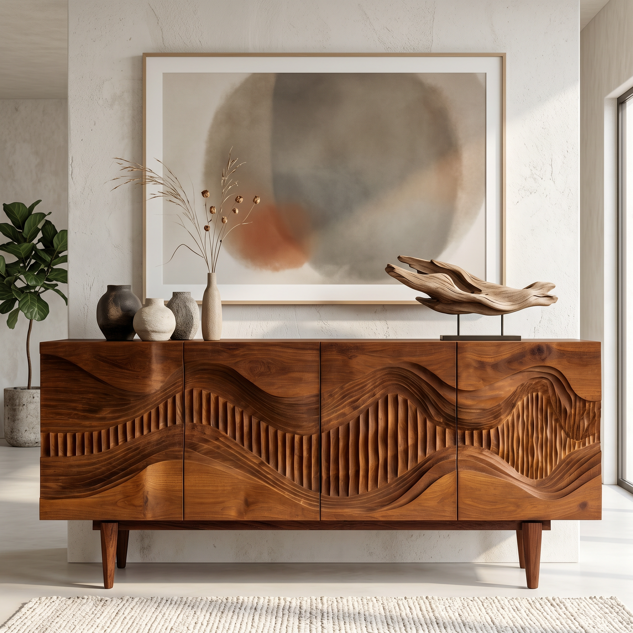 Mid Century Sideboard With Sculptural Wave Carved Wood Doors For Living Room SINLSASC524