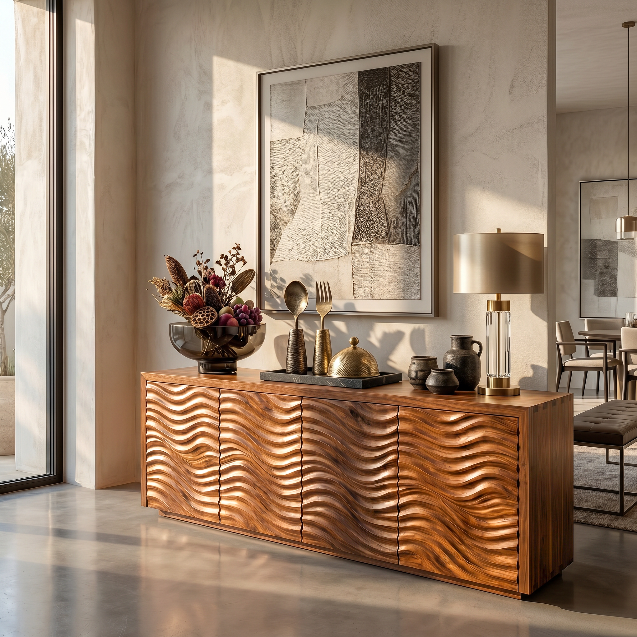 Rustic Sideboard With Hand Carved Wave Wood Doors And Solid Wood Storage For Living Room SINLSASC530