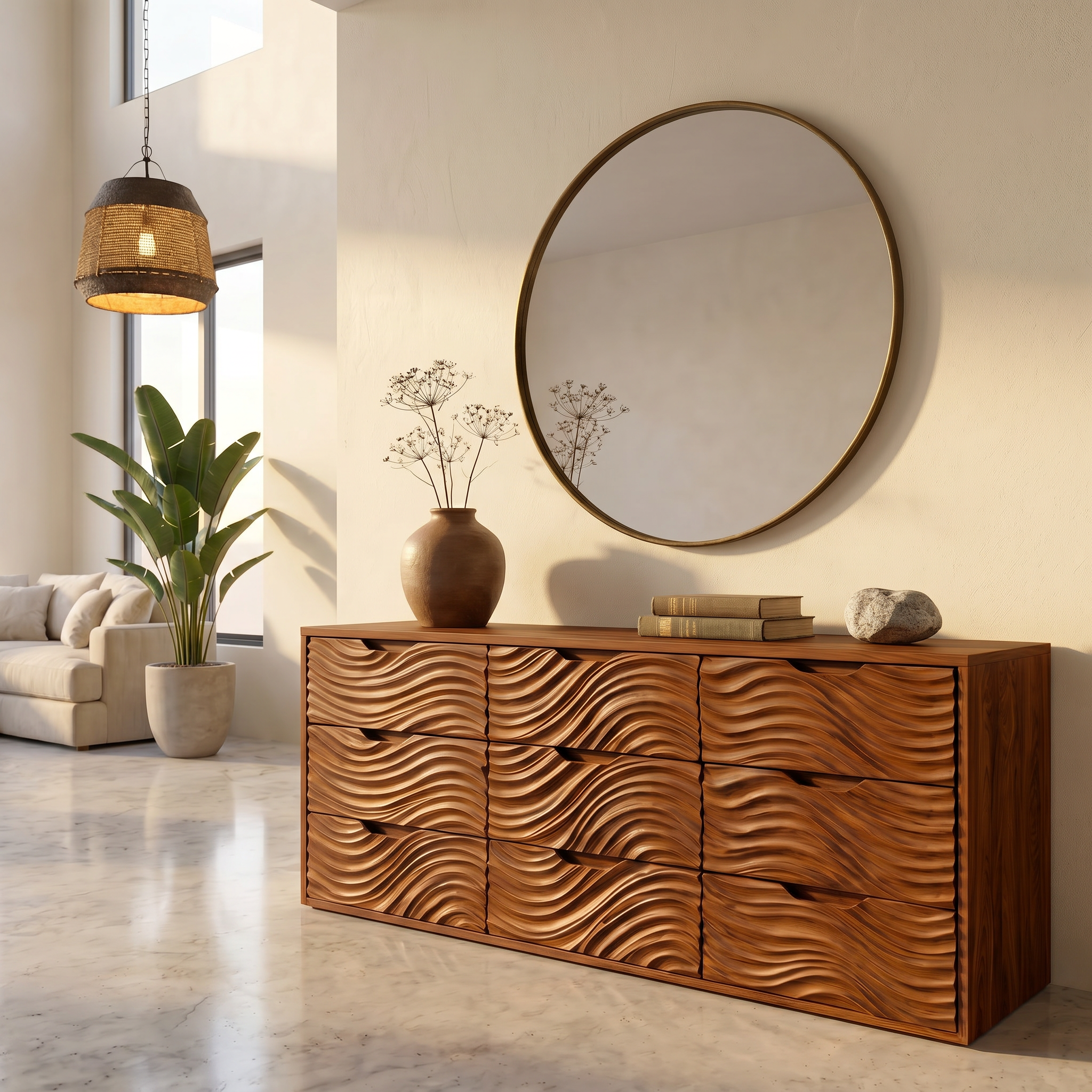 Organic Sideboard With Hand Carved Wave Wood Doors And Solid Wood Storage Cabinet For Living Room SINLSASC531