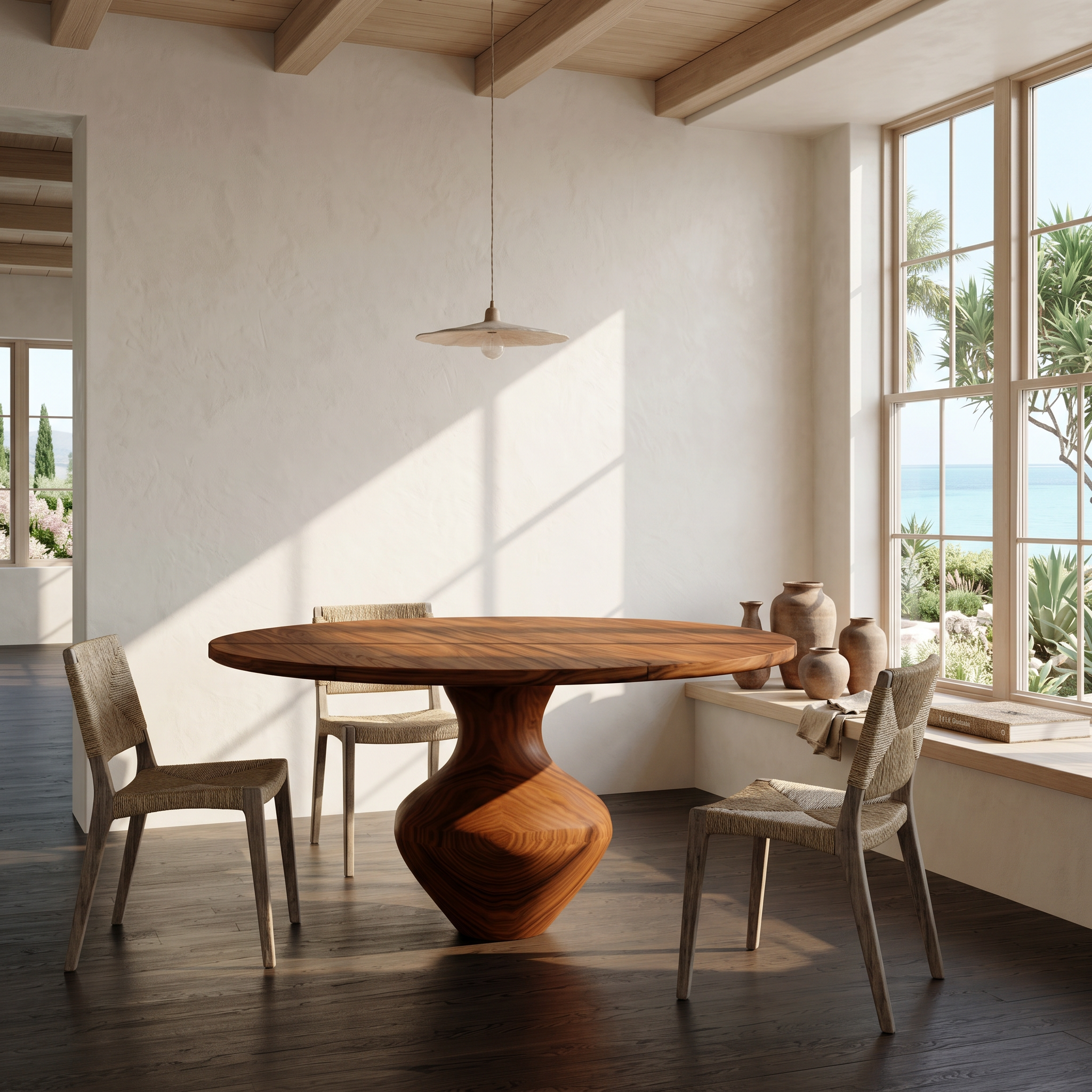 Rustic Dining Table With Sculptural Solid Wood Pedestal Base Farmhouse Round Dining Table With Sculptural Wooden Base For Kitchen SINLSADT196