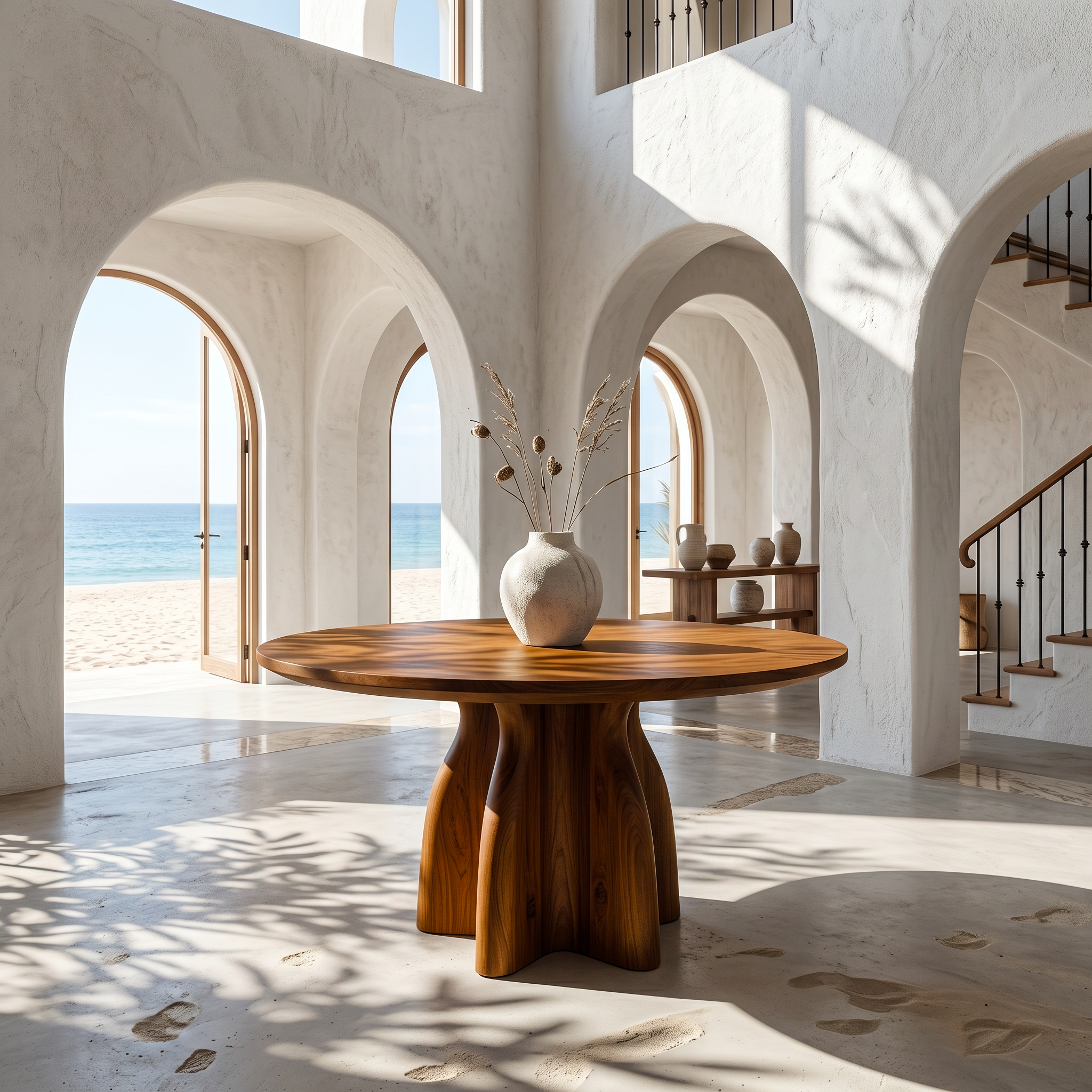Organic Foyer Table With Sculptural Solid Wood Pedestal Base For Entryway SINLSAFT036