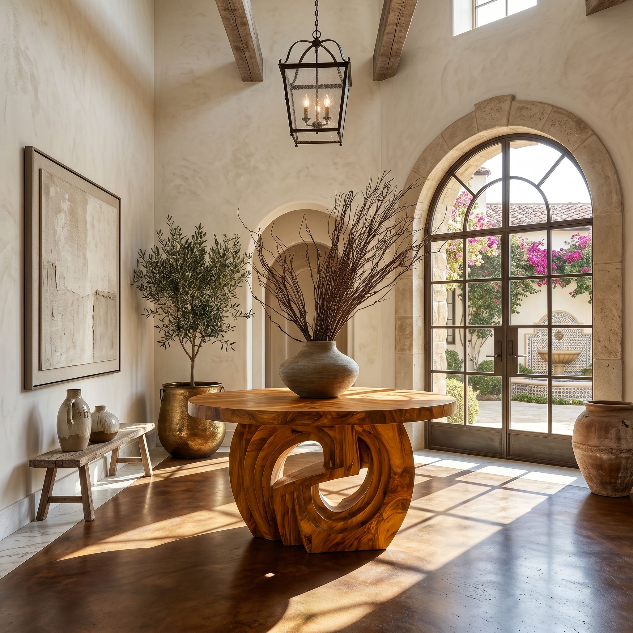 Rustic Foyer Table With Sculptural Ring Pedestal Base For Entryway And Hallway SINLSAFT041