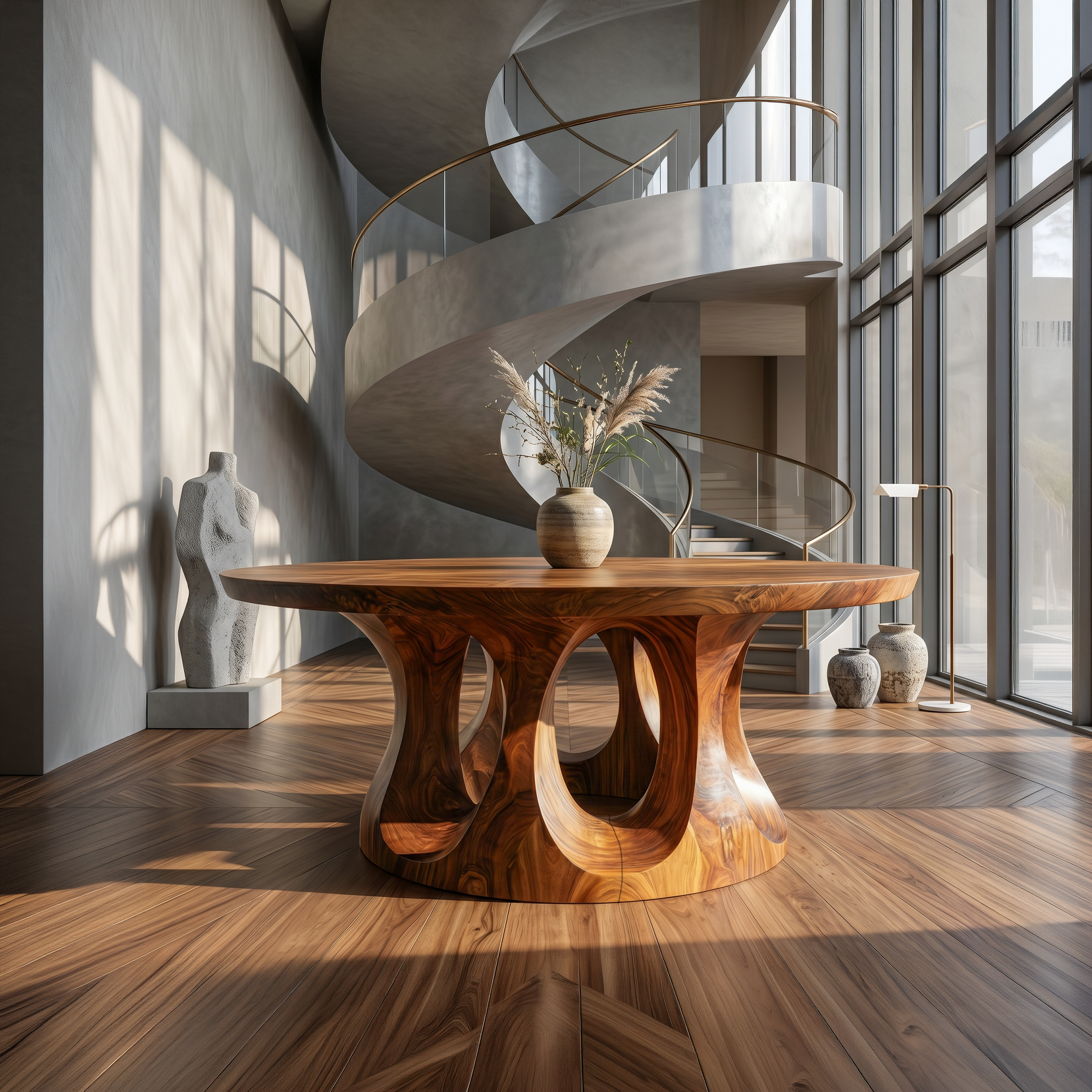 Organic Round Foyer Table With Sculptural Dual Ring Pedestal Base For Entryway And Hallway SINLSAFT045
