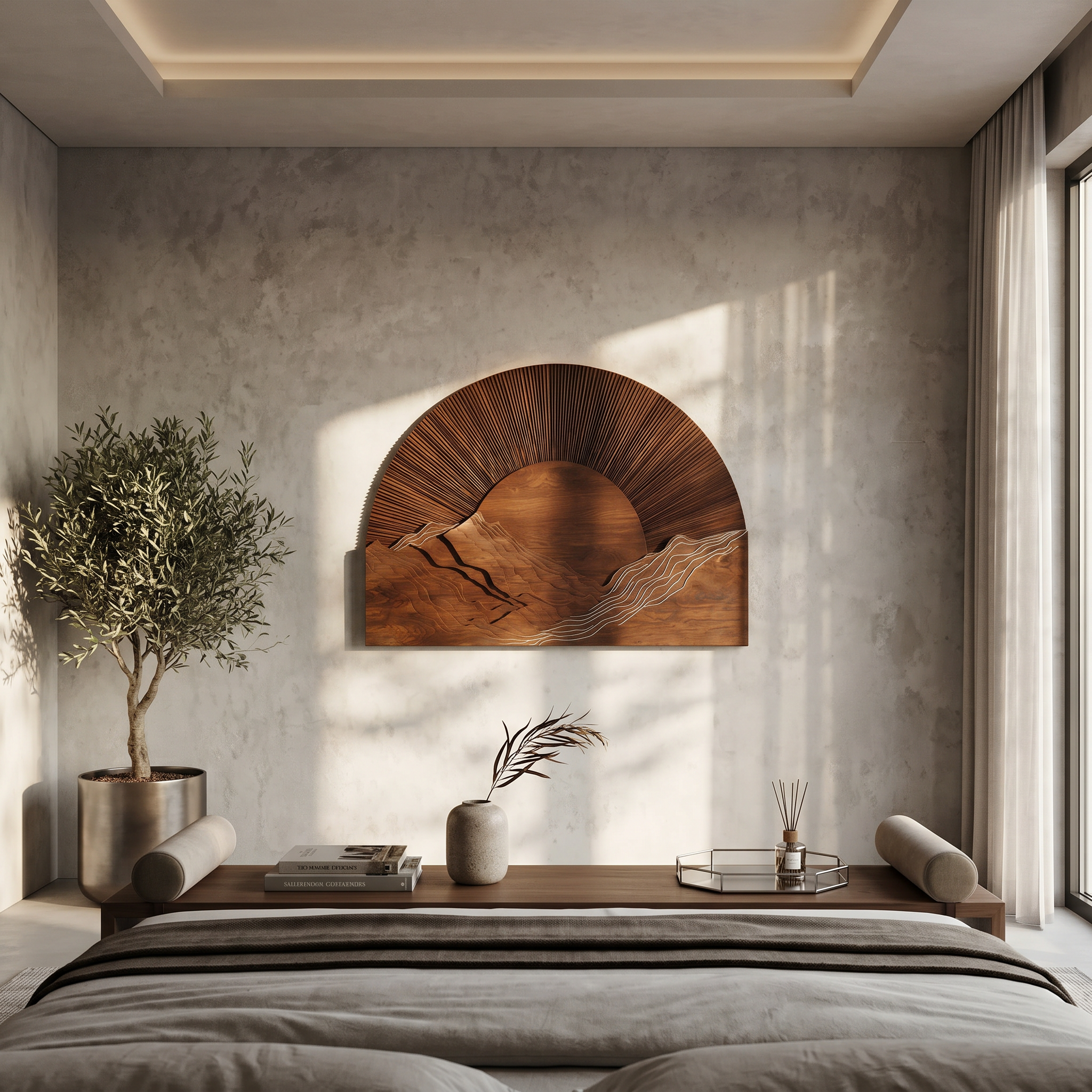 Half Moon Wall Art With Sunburst Carved Panel Design For Living Room And Entryway SINLSAWD096