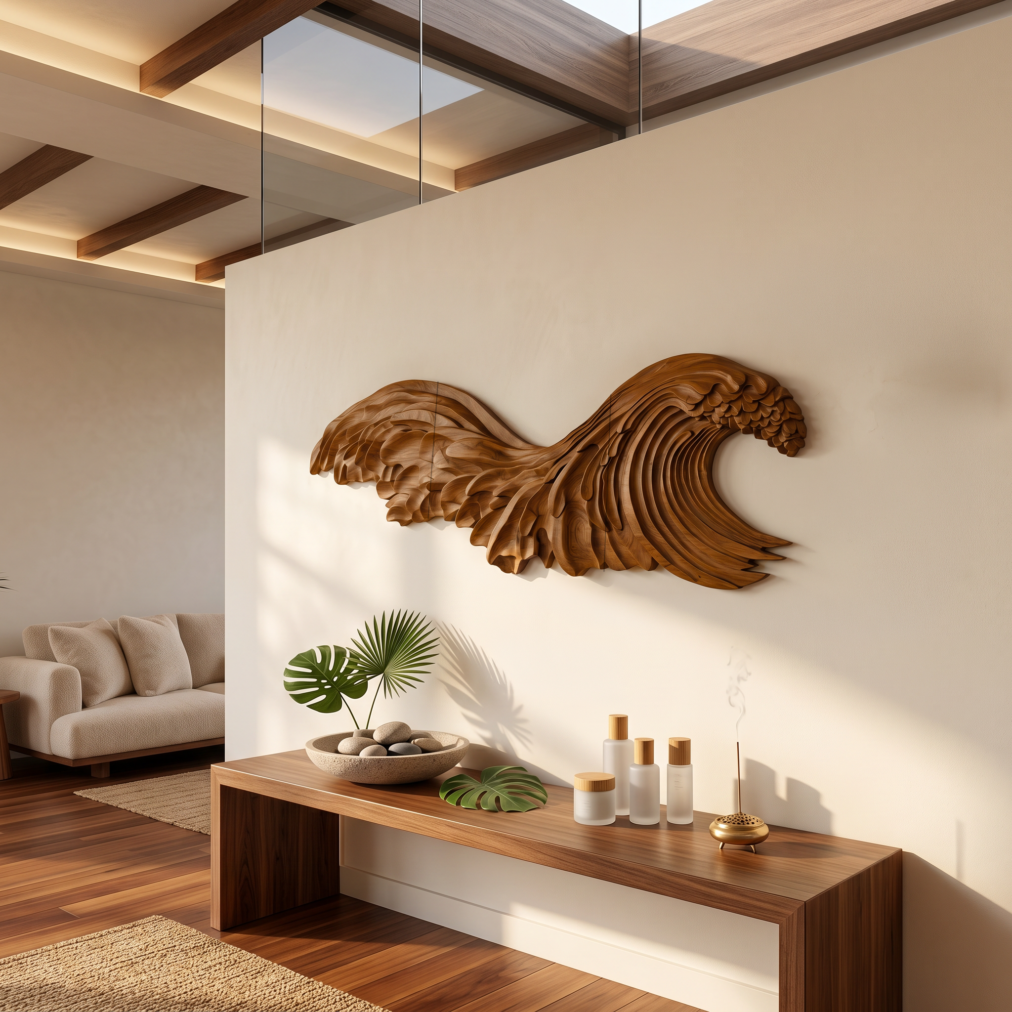 Ocean Wave Wooden Wall Art With Sculptural Carved Design For Bedroom And Living Room SINLSAWD098
