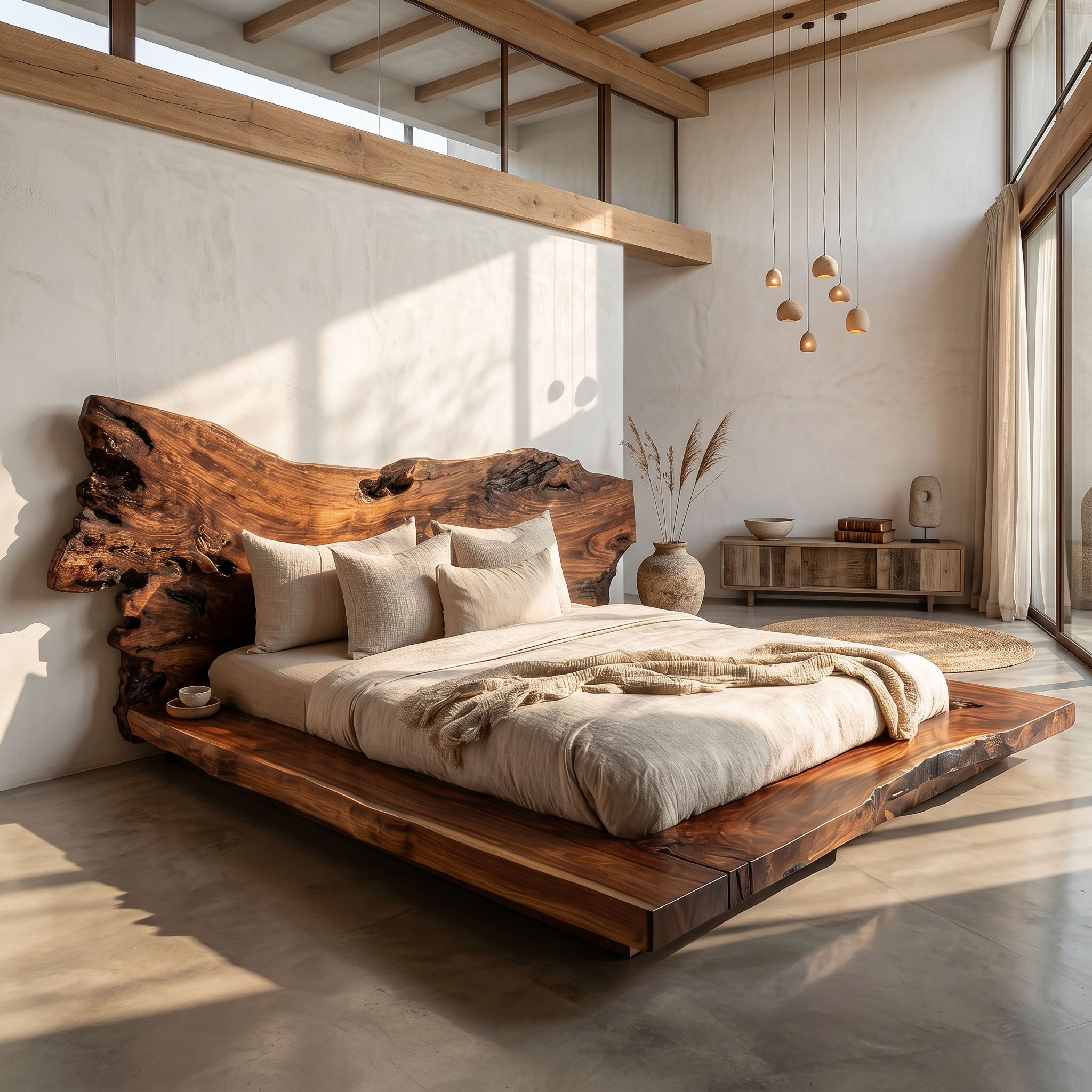 Contemporary Low Profile Bed Frame With Organic Wood Headboard For Bedroom SINLSAWB129