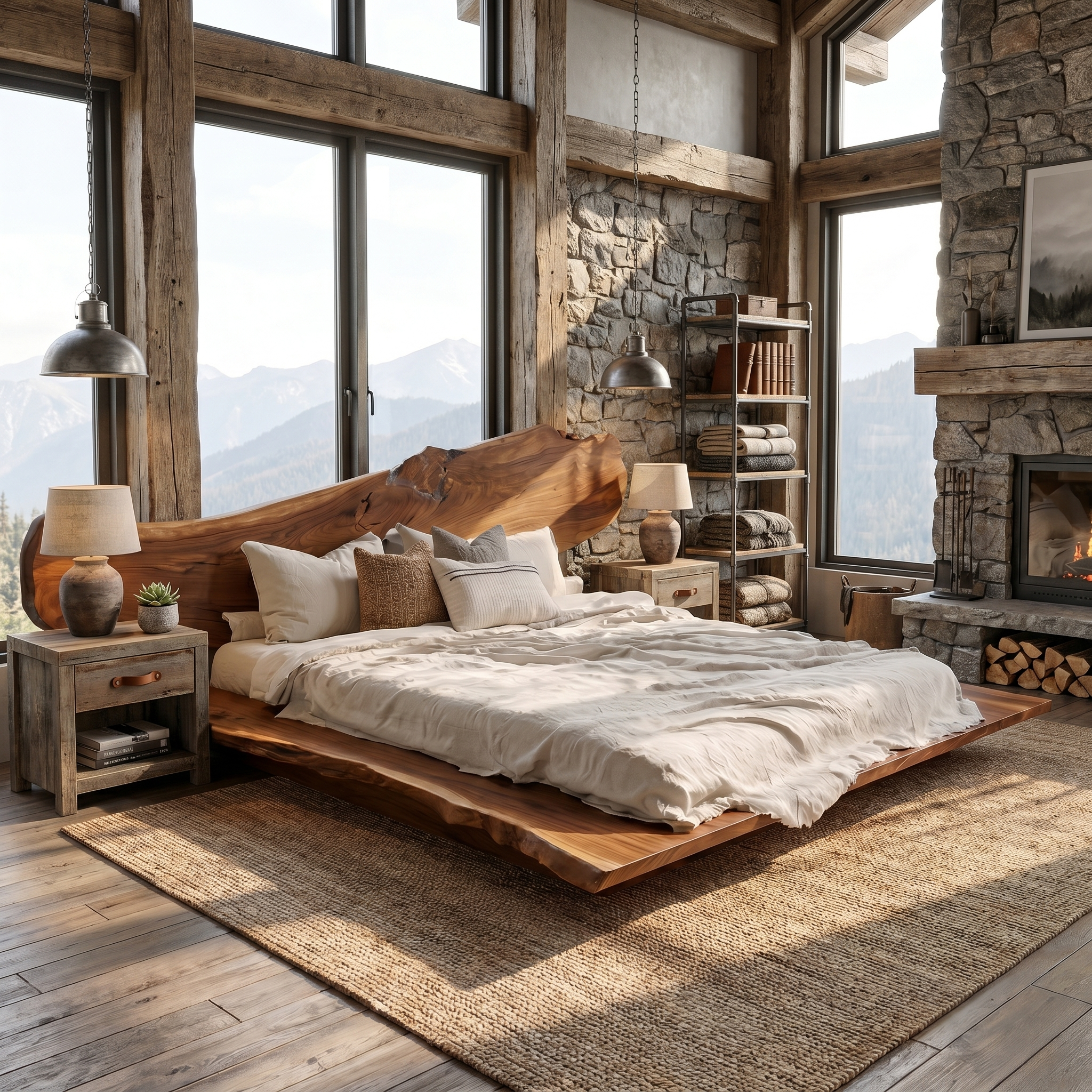 Luxury Organic Bed Frame With Sculptural Solid Wood Headboard And Floating Platform Design For Bedroom SINLSAWB131
