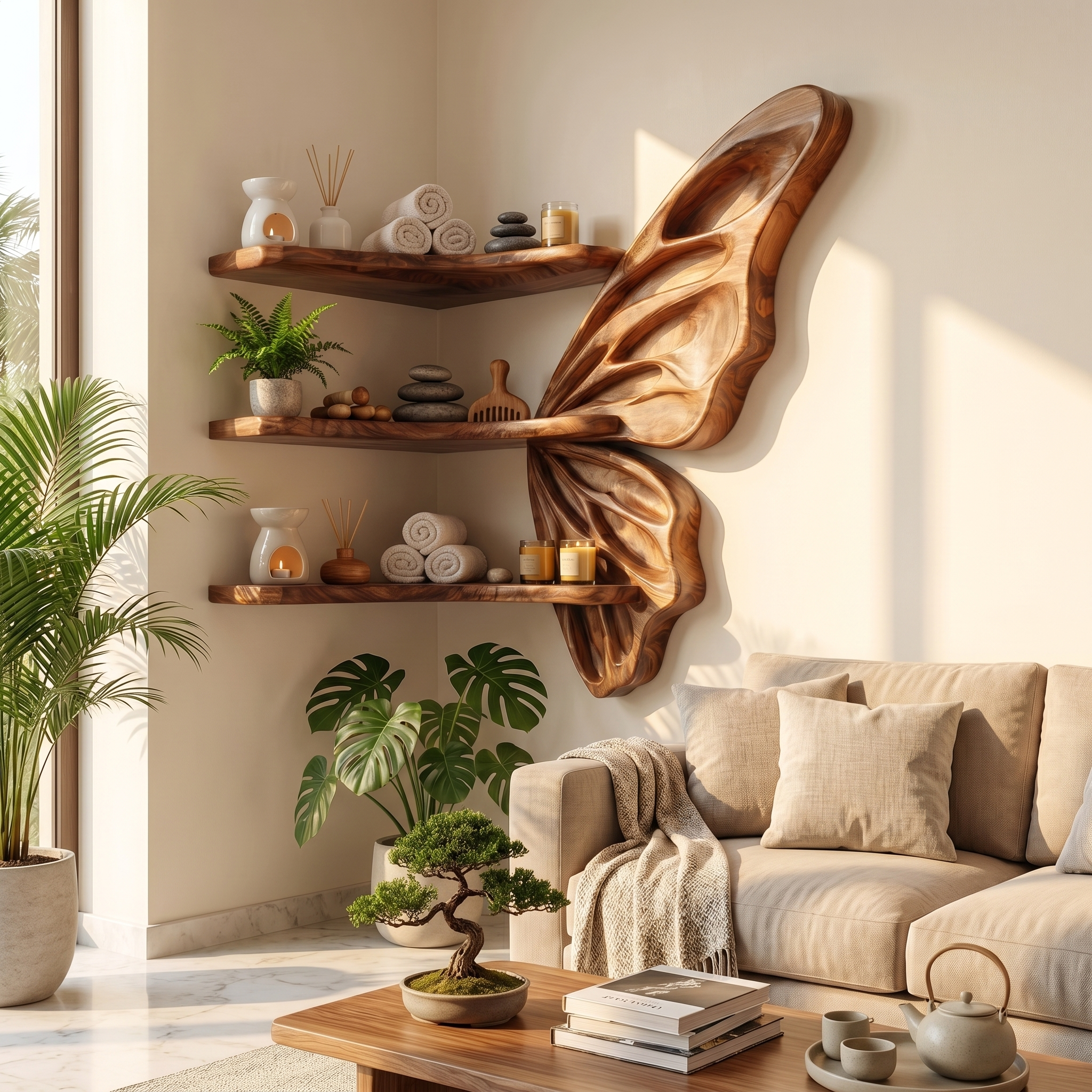 Organic Butterfly Wall Shelf With Floating Display Shelves For Living Room SINLSAFL542