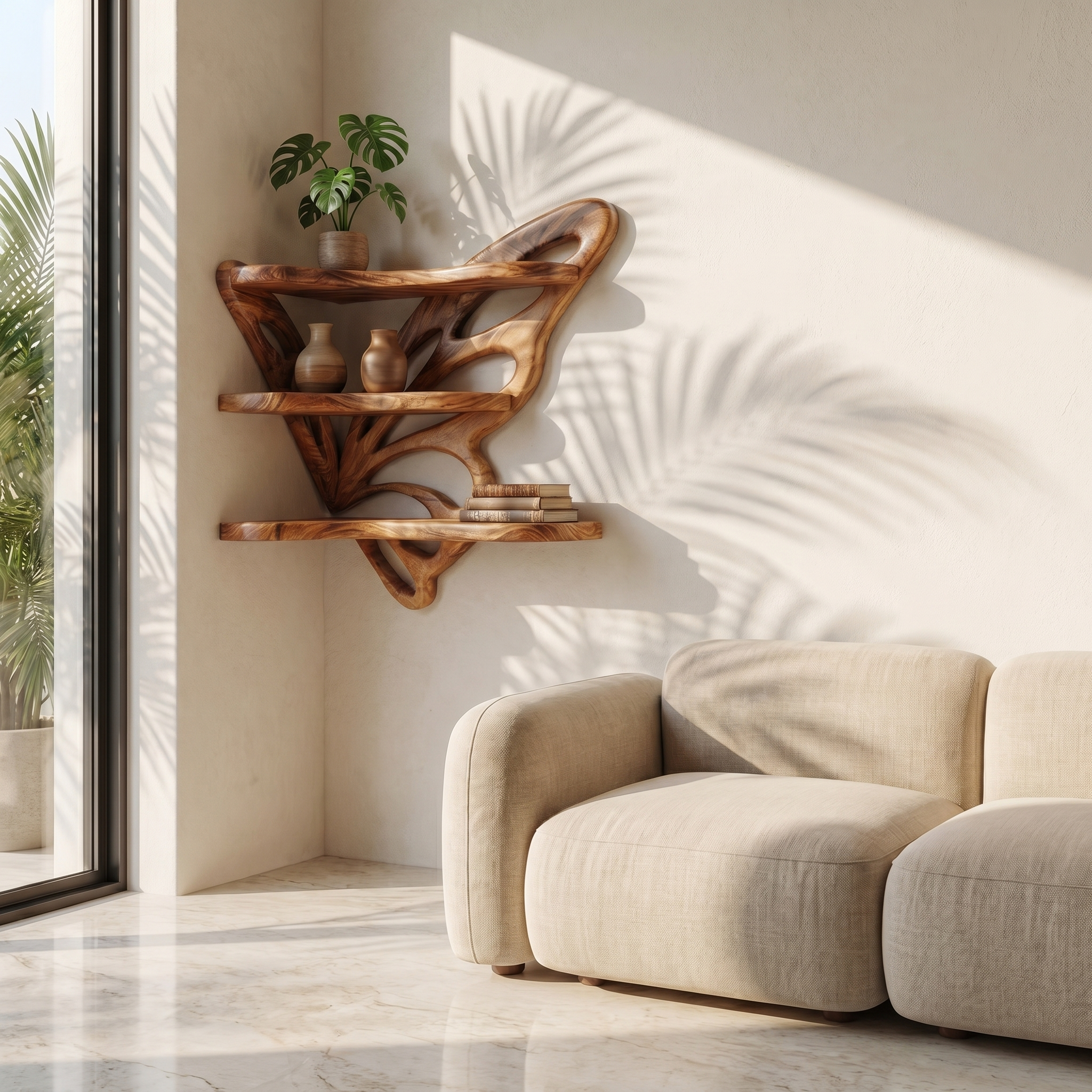 Rustic Butterfly Floating Shelf With Natural Live Edge Wood Design For Living Room SINLSAFL543