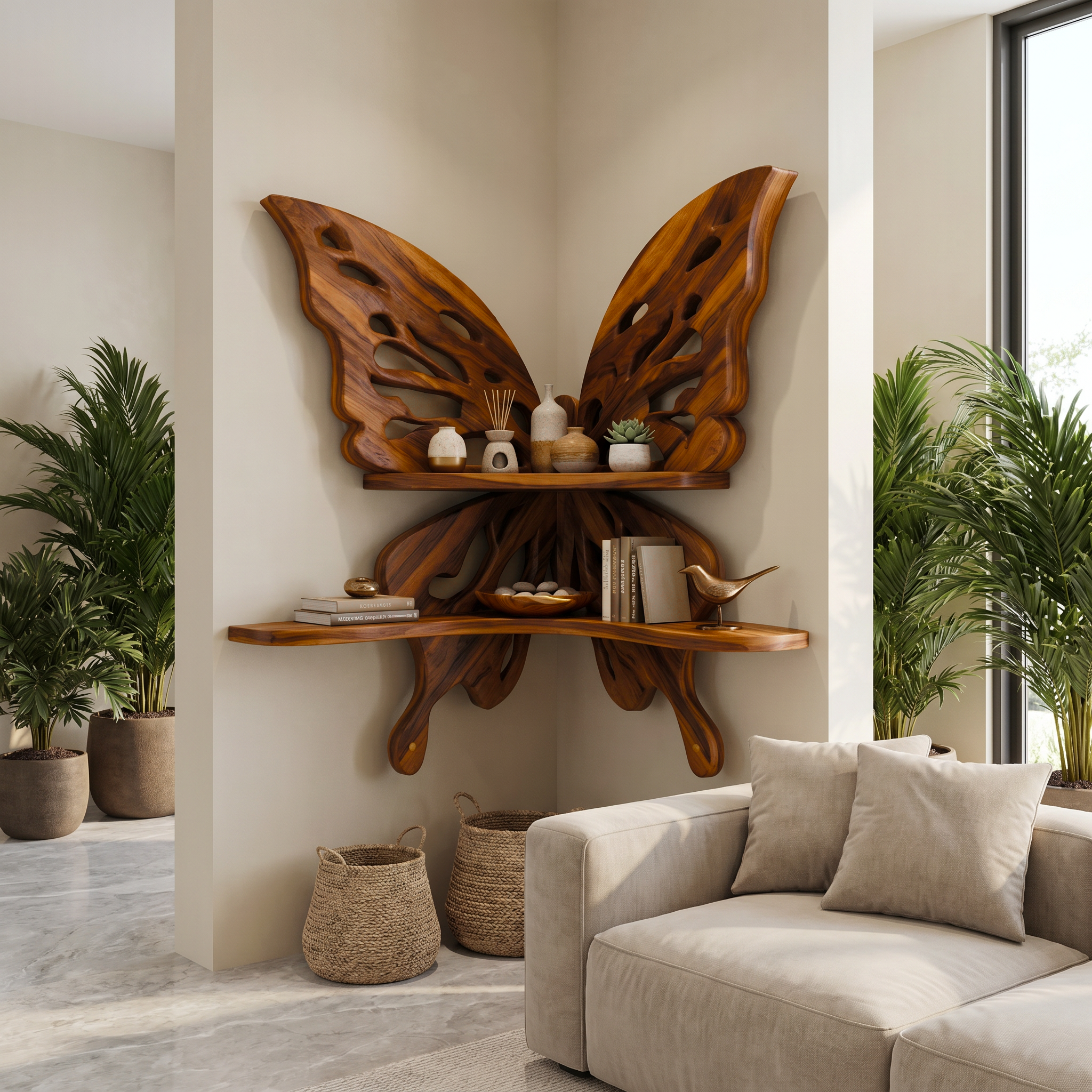 Butterfly Inspired Floating Shelf With Sculptural Live Edge Wood Design For Living Room SINLSAFL545
