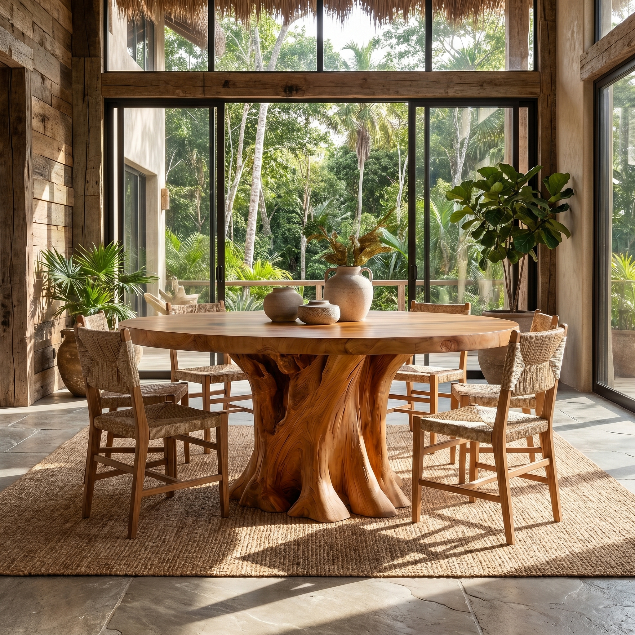 Rustic Round Dining Table With Solid Wood Sculptural Base For Dining Room SINLSADT178