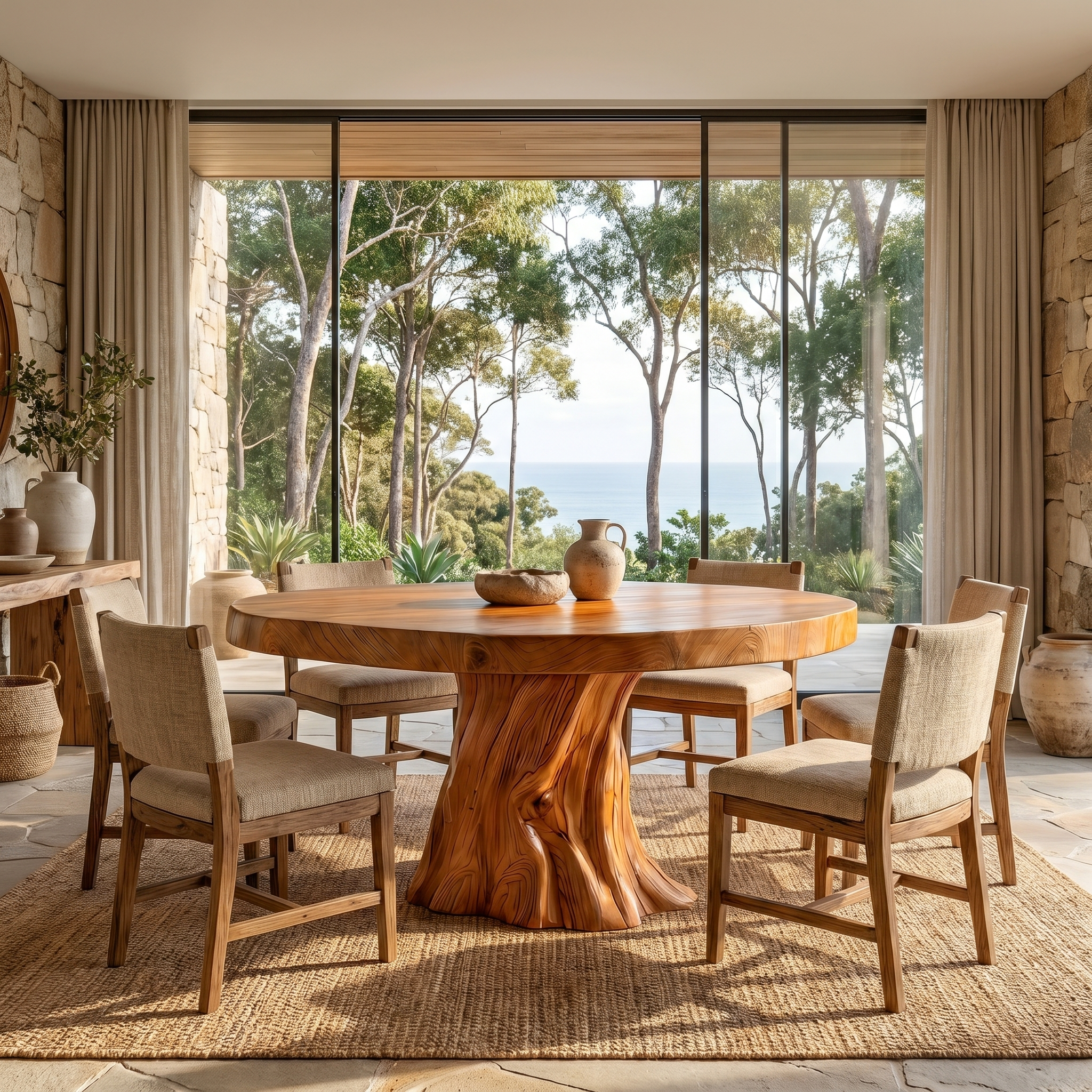 Rustic Modern Round Dining Table With Sculptural Wood Base For Dining Room SINLSADT179