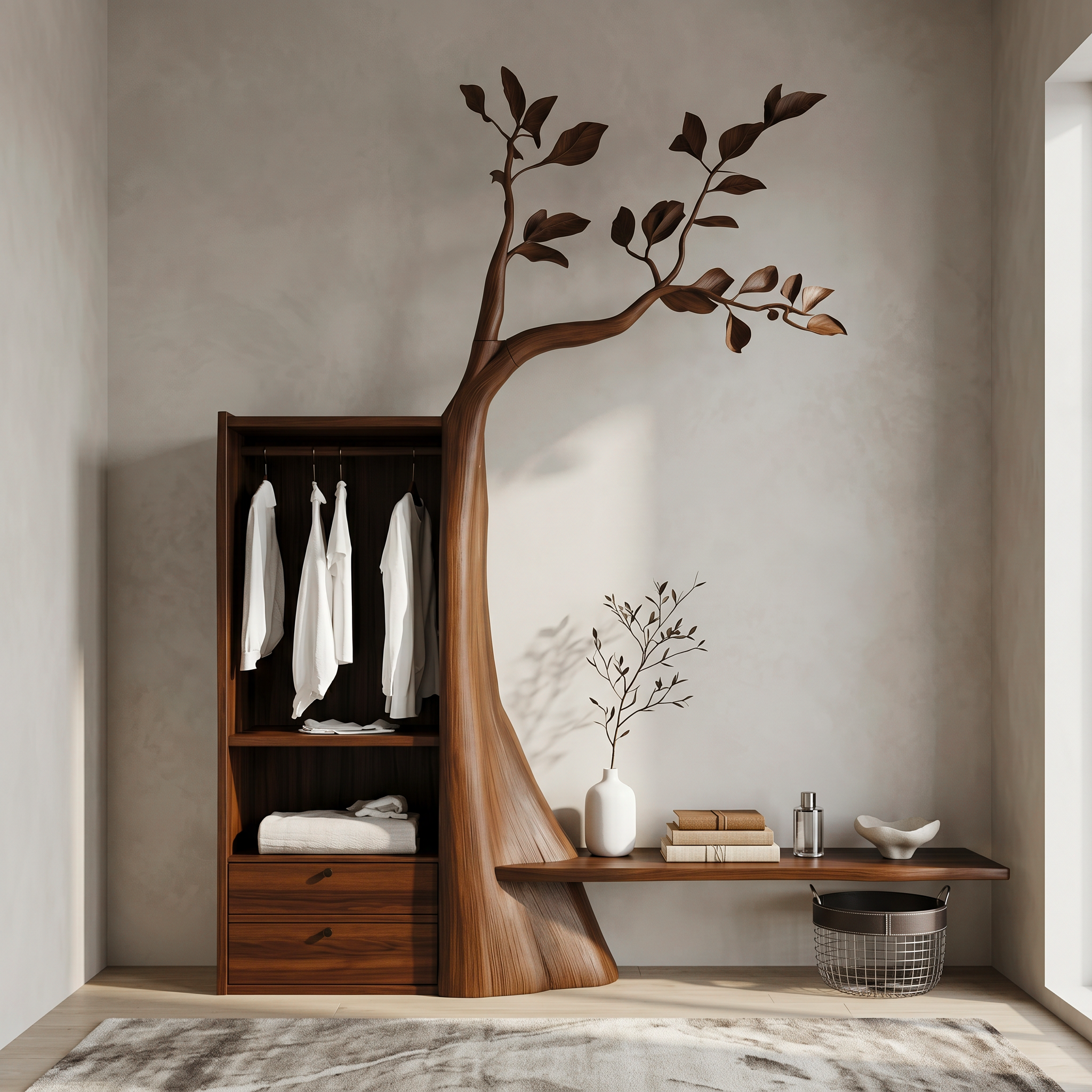 Organic Modern Tree Coat Rack Seating Bench Entryway And Bedroom SINLSATCR116
