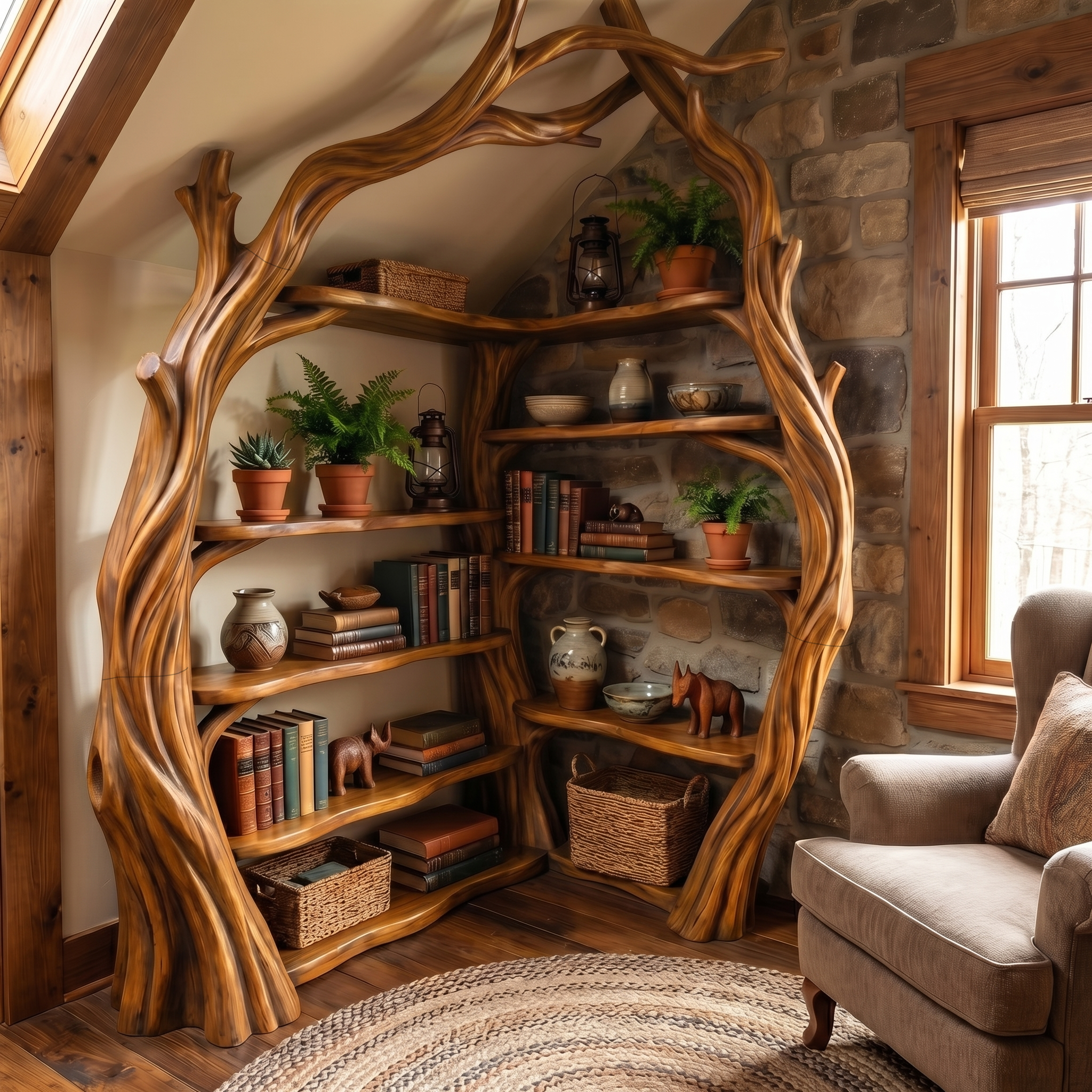 Tree Wall Bookshelf Corner Storage Bookcase Wooden Display Shelf For Living Room Bedroom Decor SINLSATB725