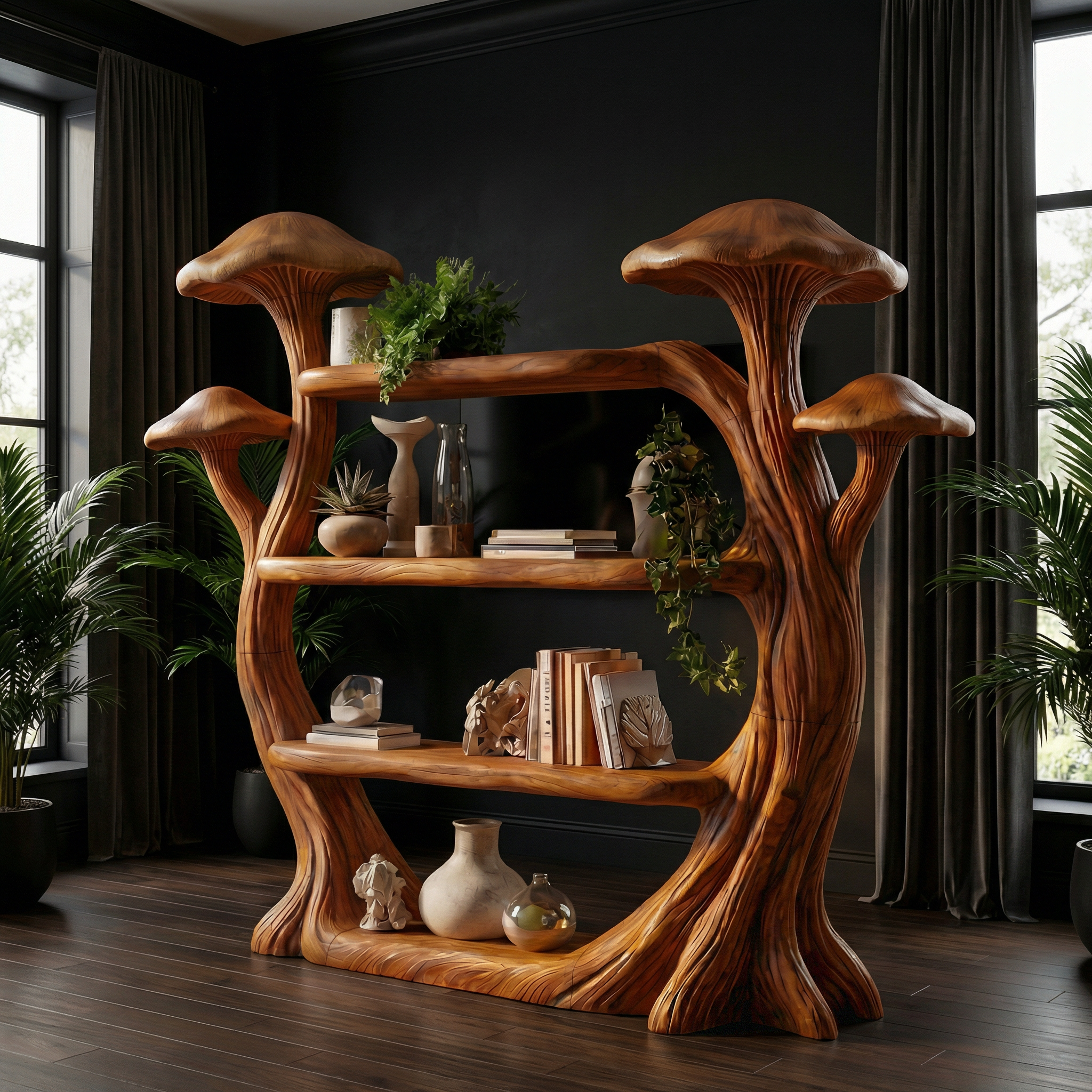 Natural Wood Mushroom Bookcase For Living Room And Reading Room SINLSATB727