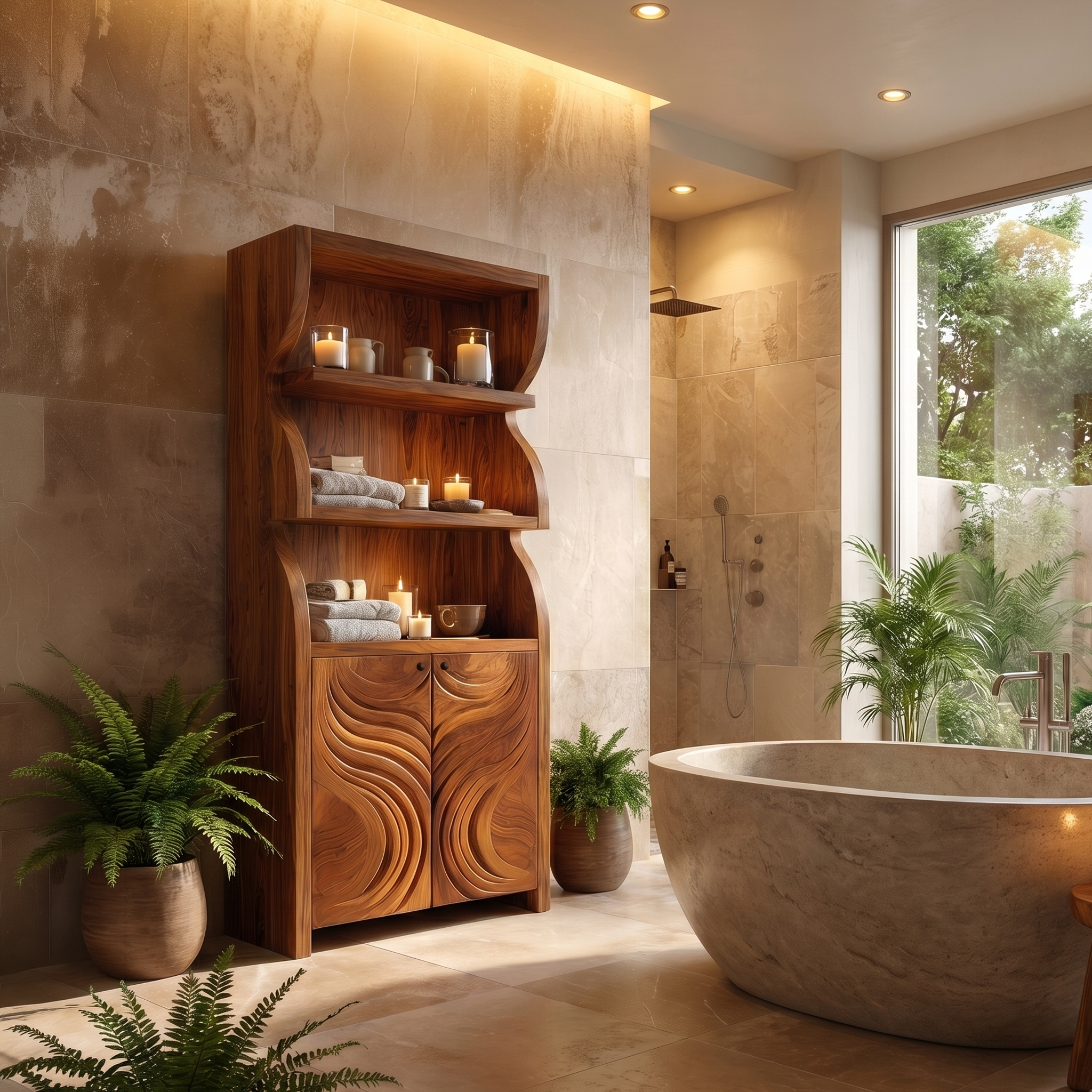 Rustic Organic Bathroom Storage Cabinet With Carved Wooden Doors And Open Shelves For Bathroom SINLSABCT020