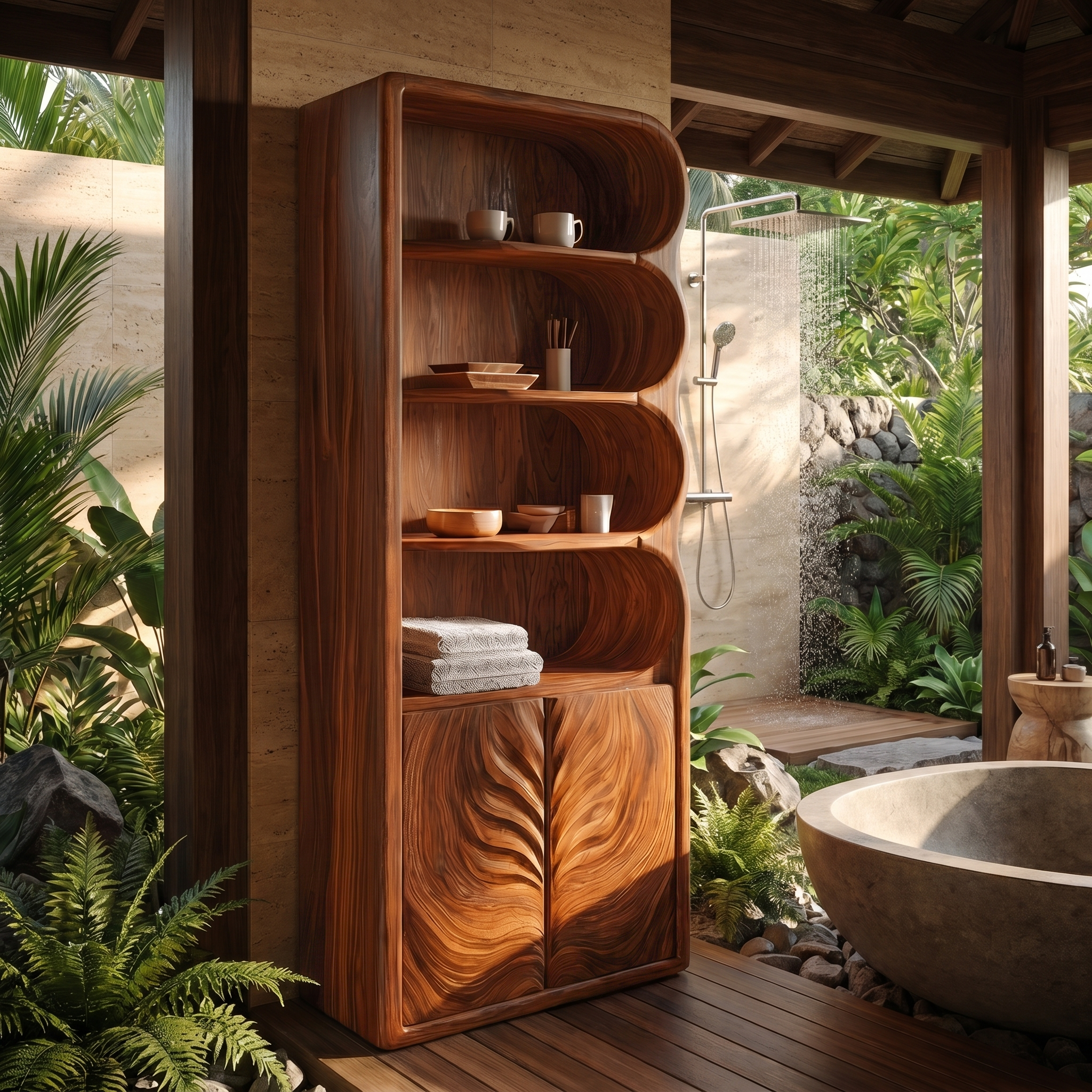 Modern Organic Bathroom Storage Cabinet With Curved Shelves And Carved Wooden Doors For Bathroom SINLSABCT021