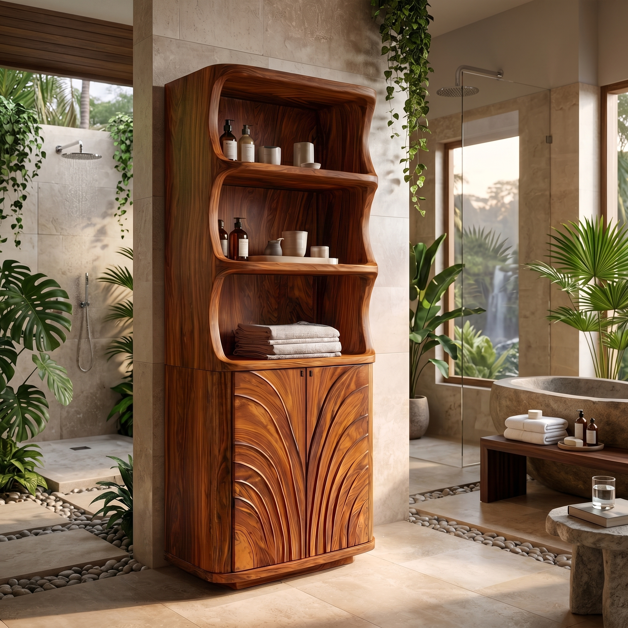 Organic Bathroom Storage Cabinet With Curved Open Shelves And Carved Wooden Doors For Bathroom SINLSABCT022