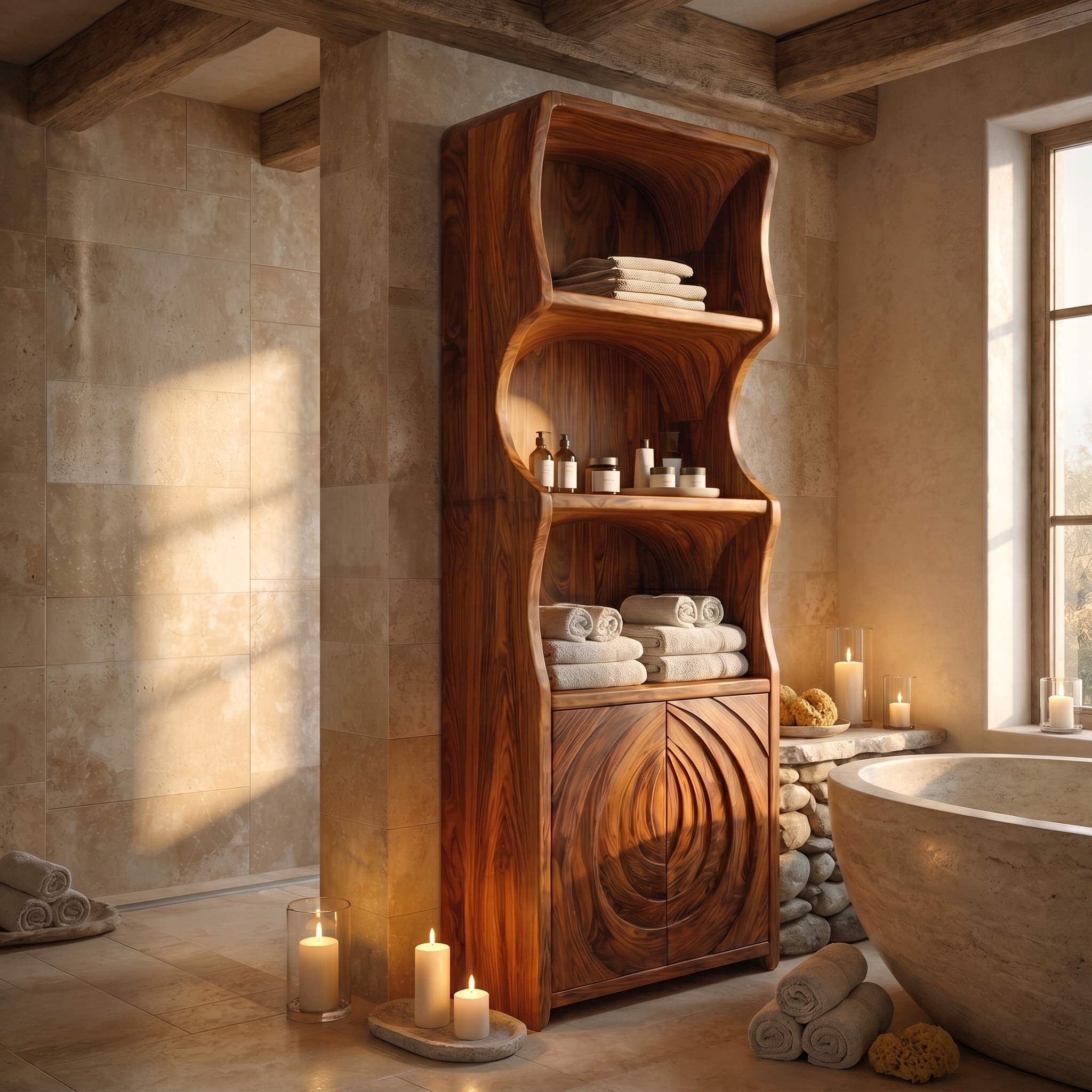Contemporary Minimal Bathroom Storage Cabinet With Curved Shelves And Wooden Door For Bathroom SINLSABCT023
