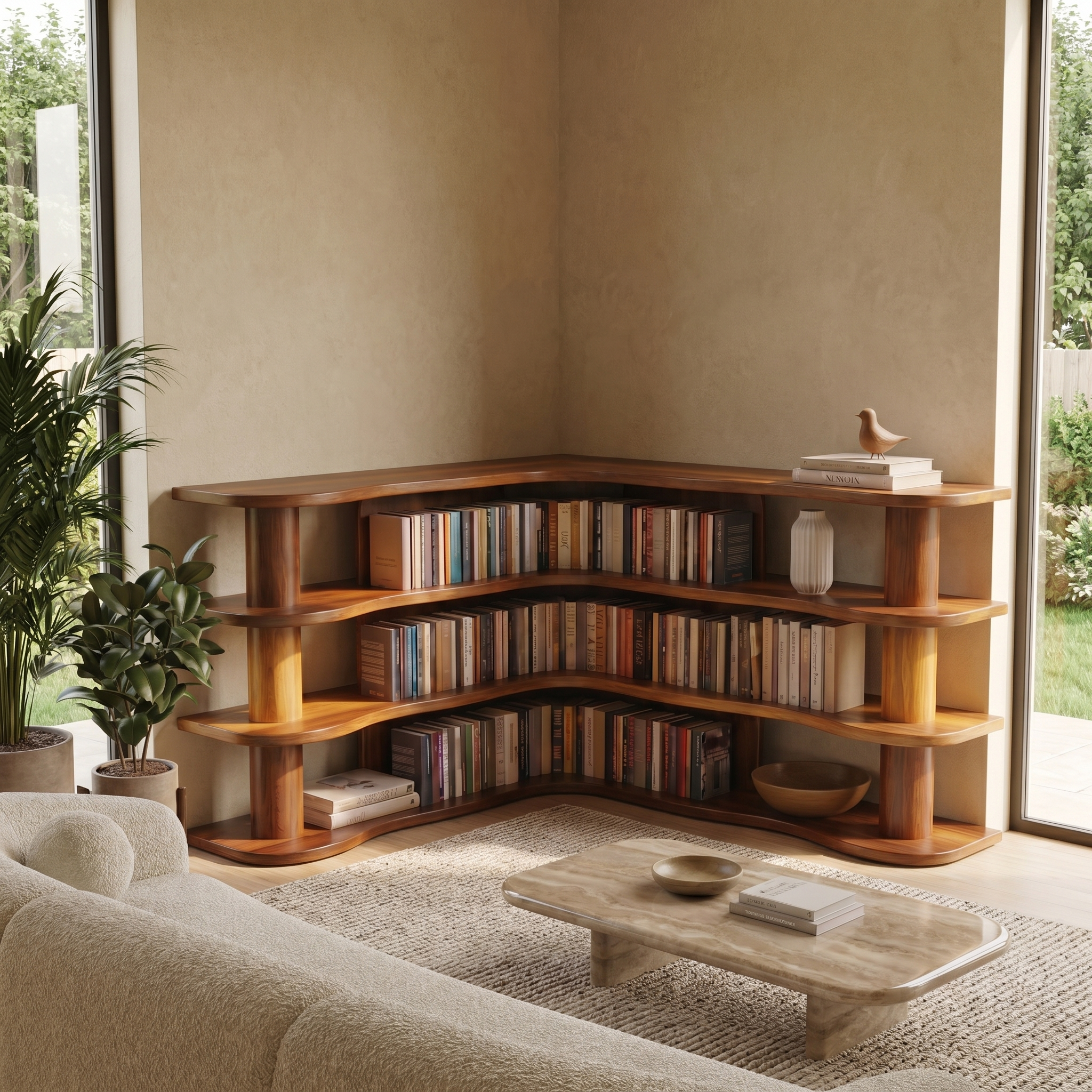 Scandinavian Corner Bookshelf With Rounded Multi Tier Wooden Shelves For Living Room And Bedroom SINLSABS020