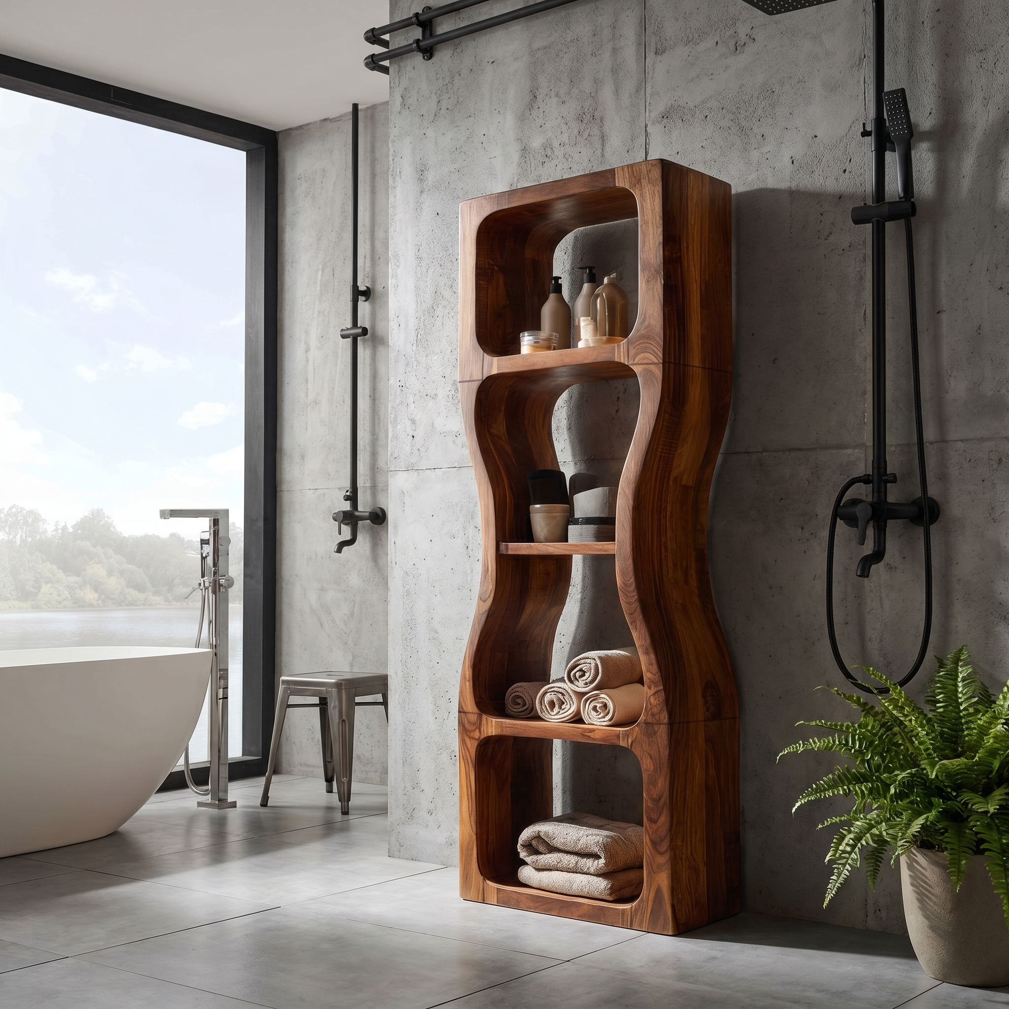 Rustic Modern Bathroom Storage Cabinet With Sculptural Wave Design And Open Shelves For Bathroom SINLSABCT027
