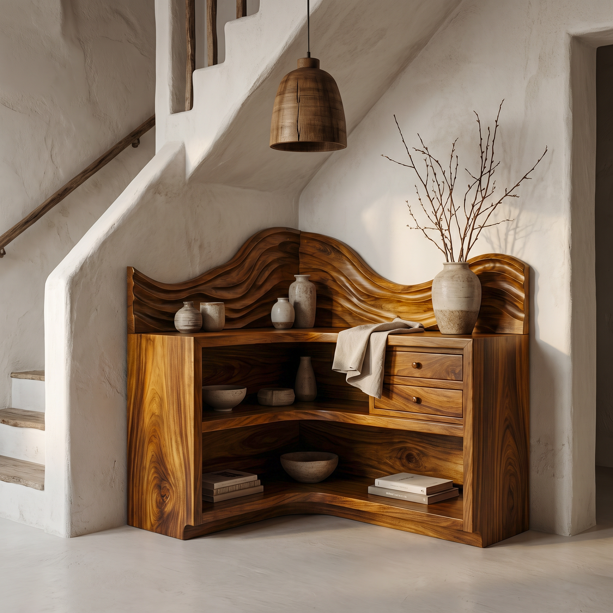 Rustic Corner Bookshelf With Arched Open Shelves And Drawer Storage For Living Room And Bedroom SINLSABS024