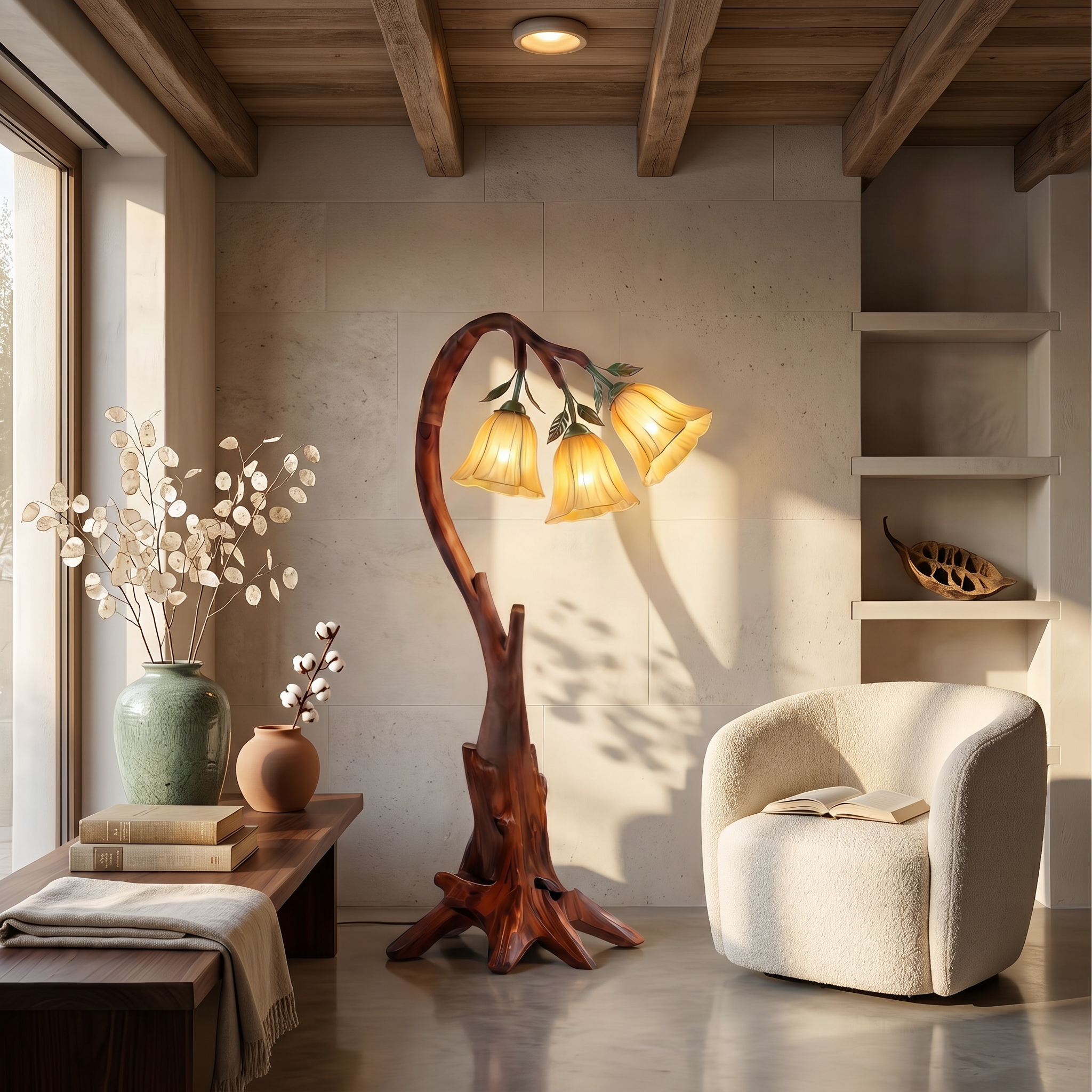 Natural Floor Lamp With Blooming Floral Form For Reading Nook And Bedroom SINLSAFLP097