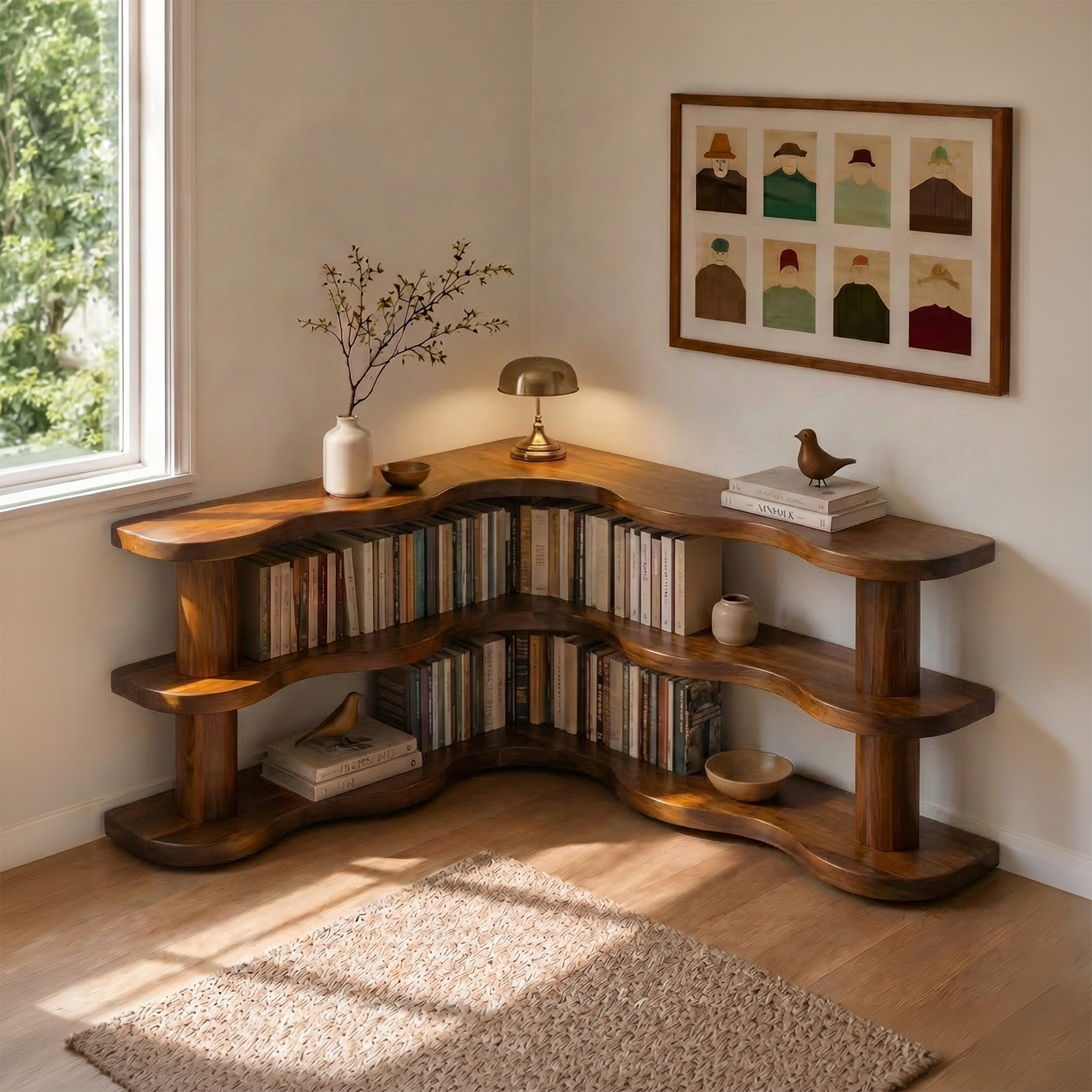 Rustic Modern Corner Bookshelf With Multi Tier Wooden Shelves For Living Room And Bedroom SINLSABS014