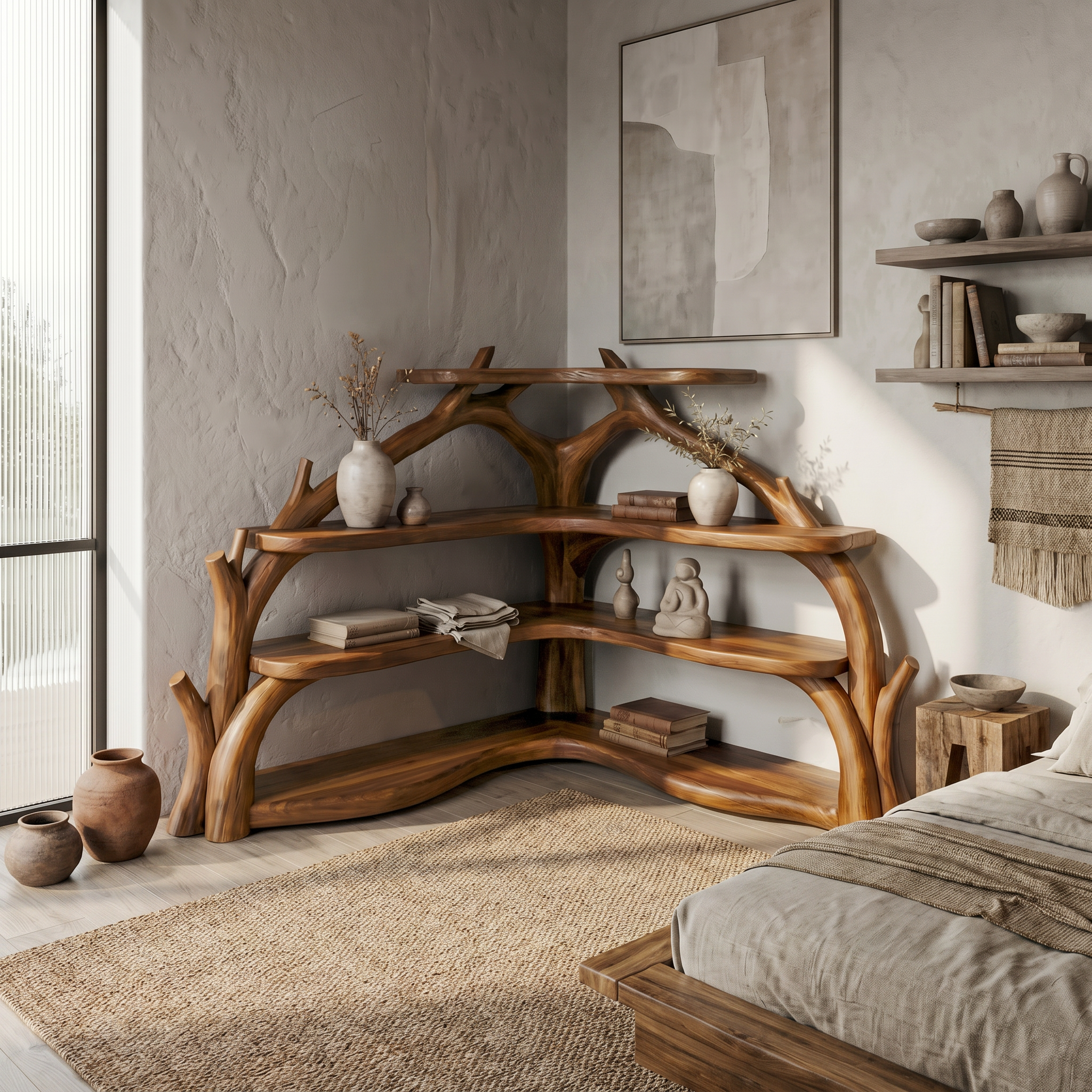 Sculptural Corner Bookcase With Natural Branch Design For Living Room SINLSABS015
