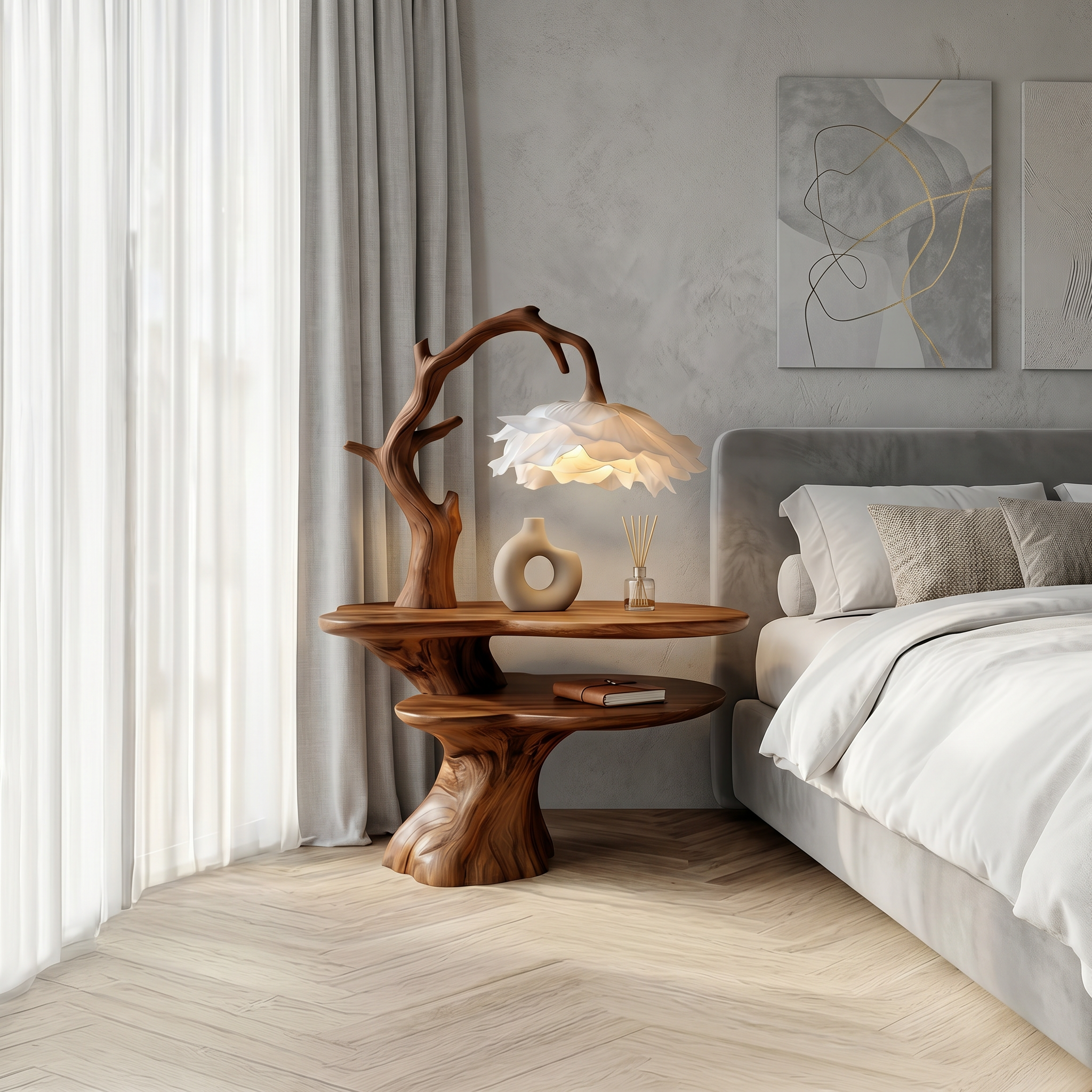 Natural Bedside Table With Floral Lamp And Tree Branch Form For Bedroom And Guest Room SINLSABT270