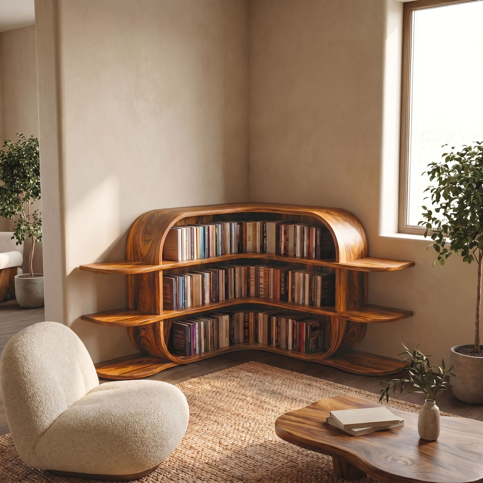 Scandinavian Arched Corner Bookshelf With Multi Tier Open Shelves For Living Room And Bedroom SINLSABS018