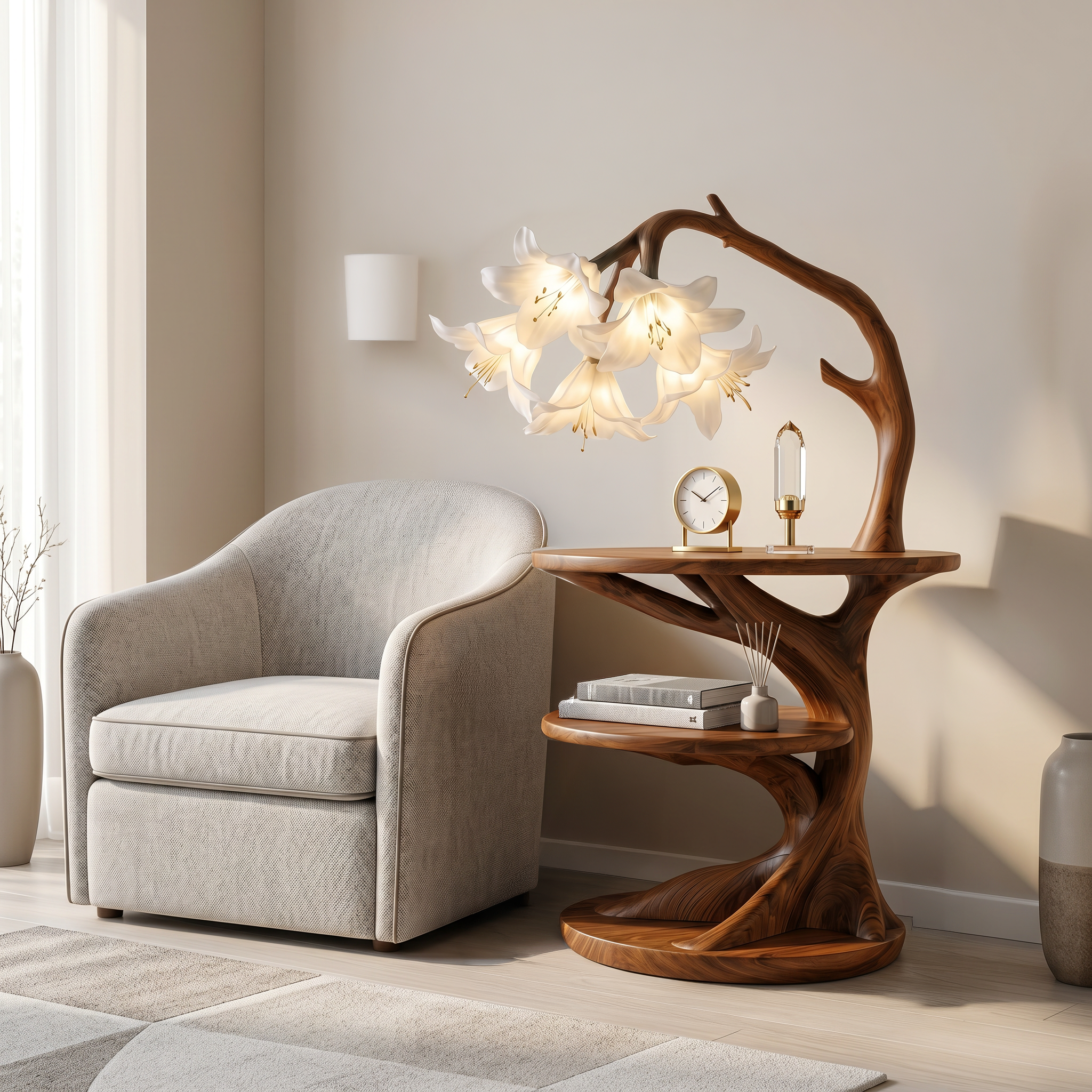 Rustic Side Table With Flower Shade Lamp For Bedroom And Living Room SINLSABT272