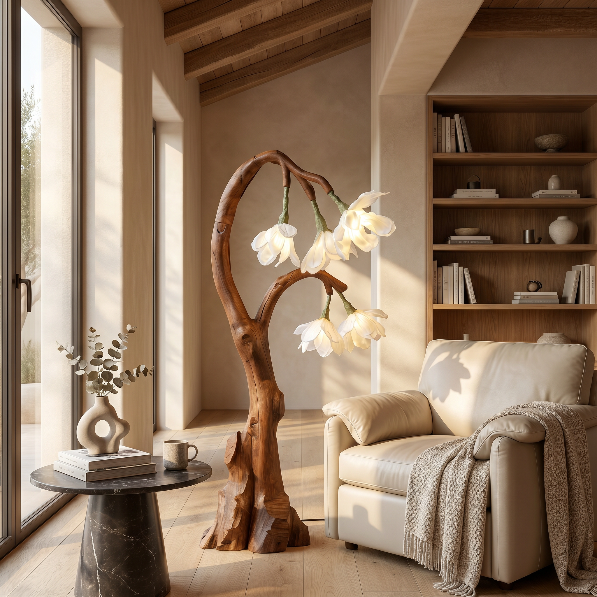 Artistic Floral Floor Lamp With Natural Wood Base For Living Room And Bedroom SINLSAFLP077