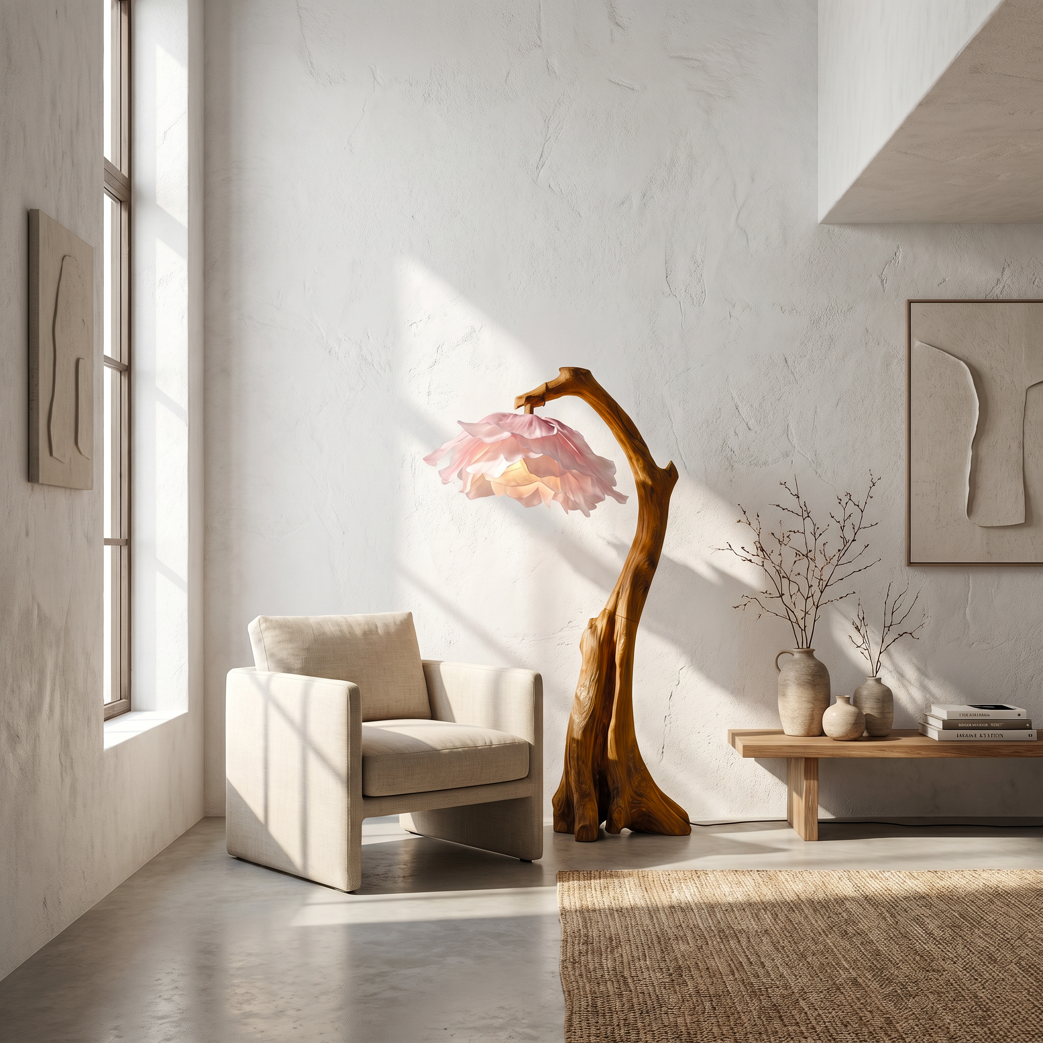 Handmade Flower Floor Lamp With Sculptural Wood Base For Living Room And Bedroom SINLSAFLP079